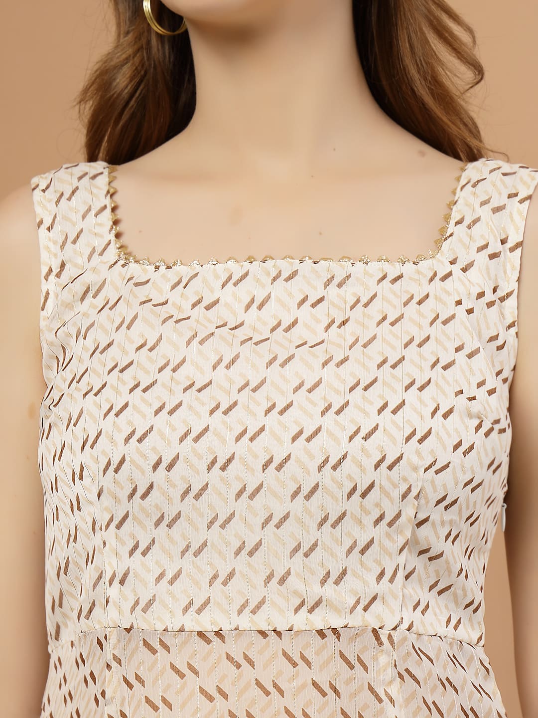 Off-White Flared Kurti Set with Flared Pants for Women- closeup