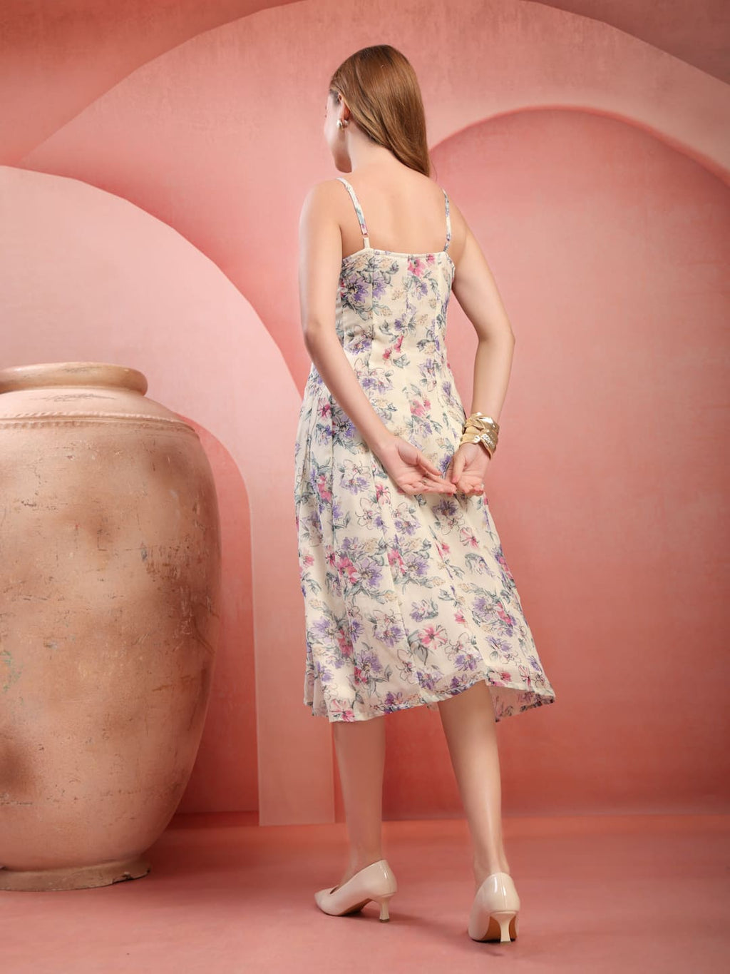 Off White Printed Chiffon Panel Dress for Women  Shoulder Strap Midi Dress with Side Zip back view