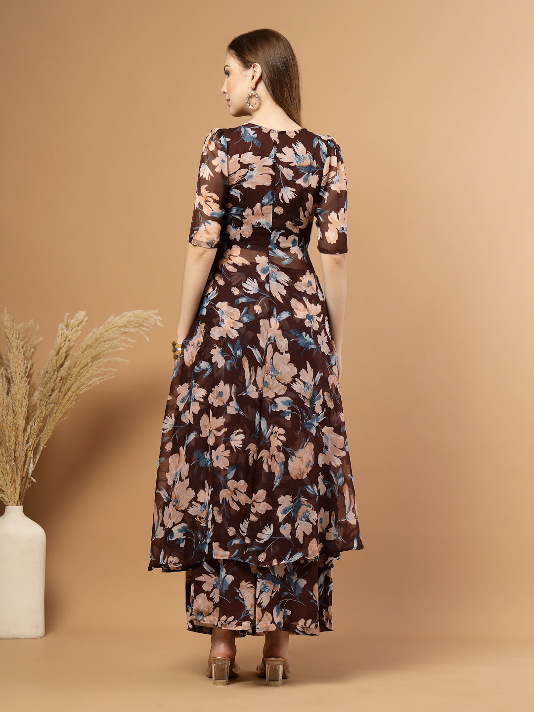 Brown and beige floral print party wear long kurti set with flared pants, cotton lining in palazzo and kurti body, double-layer chiffon flare for elegant flowy look.