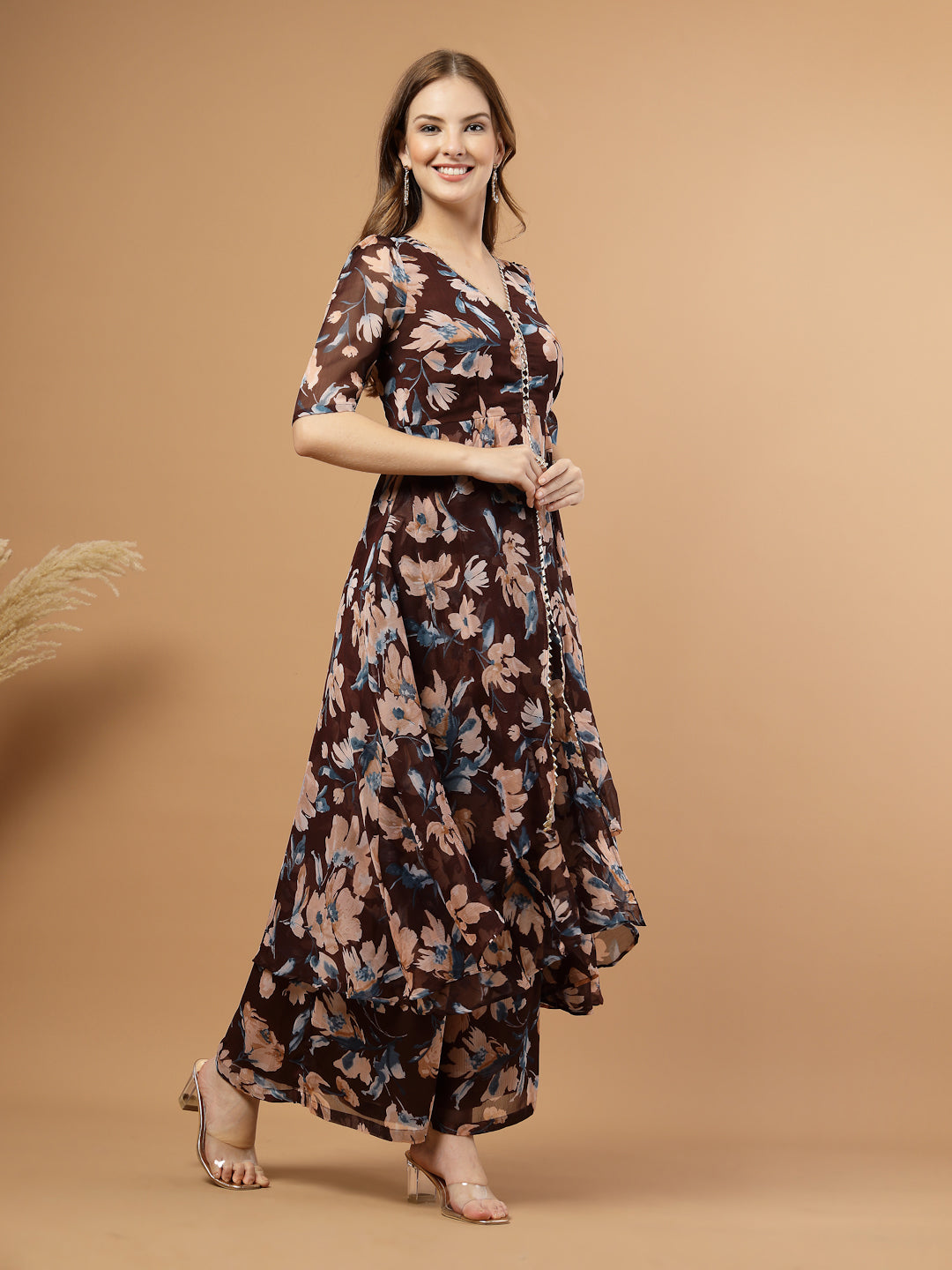 Brown and beige floral print party wear long kurti set with flared pants, cotton lining in palazzo and kurti body, double-layer chiffon flare for elegant flowy look.