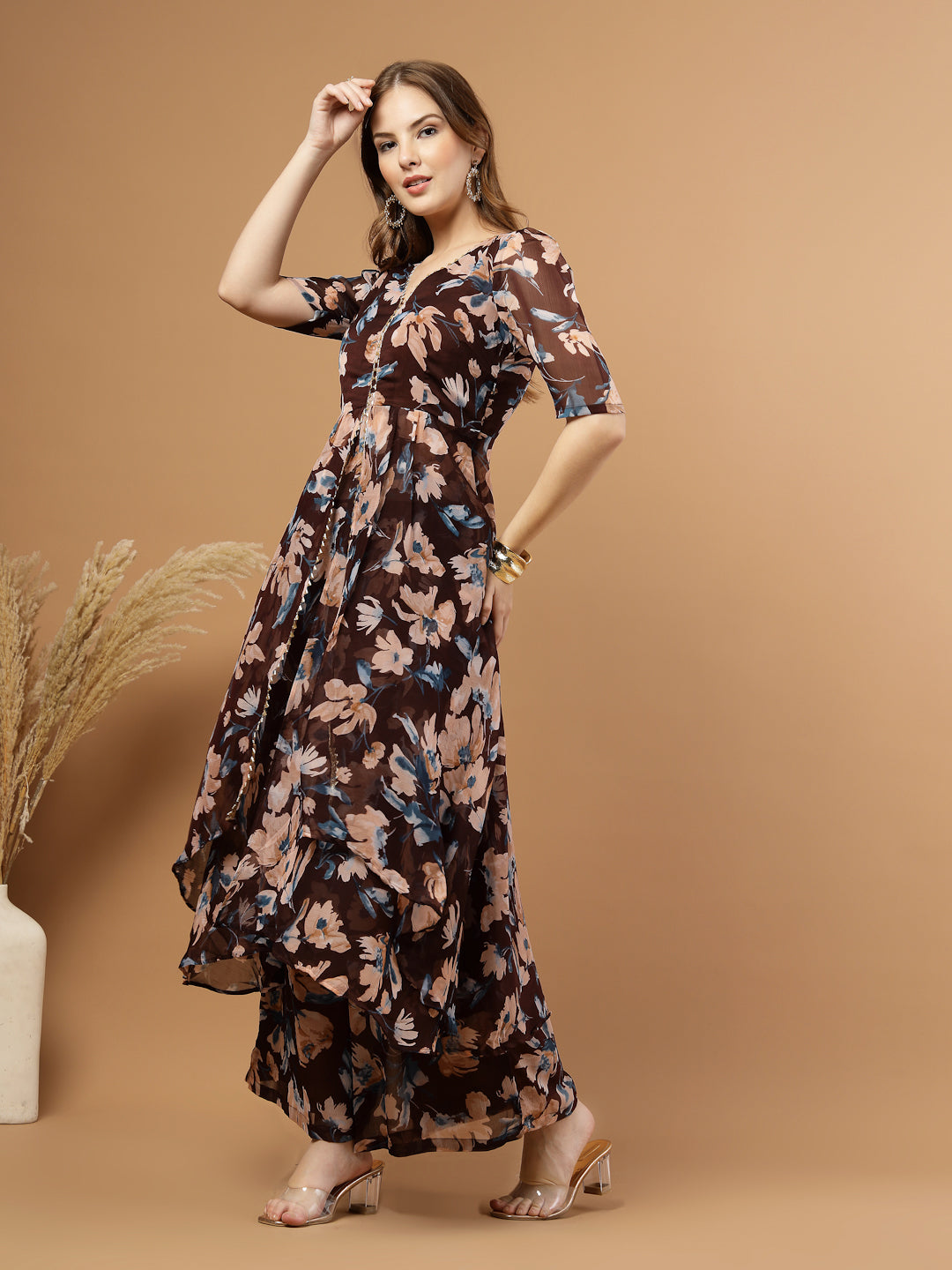 Brown and beige floral print party wear long kurti set with flared pants, cotton lining in palazzo and kurti body, double-layer chiffon flare for elegant flowy look.