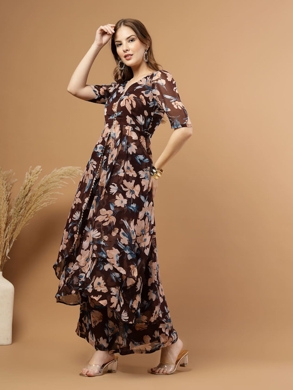 party wear long kurti set with flared pants for women, right side view
