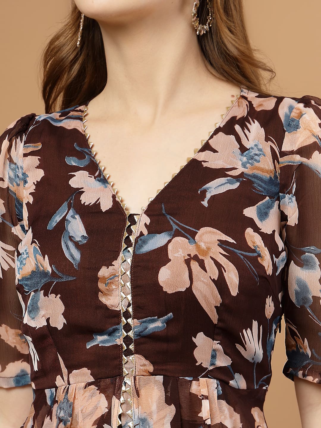 party wear long kurti set with flared pants for women, kurti close up.