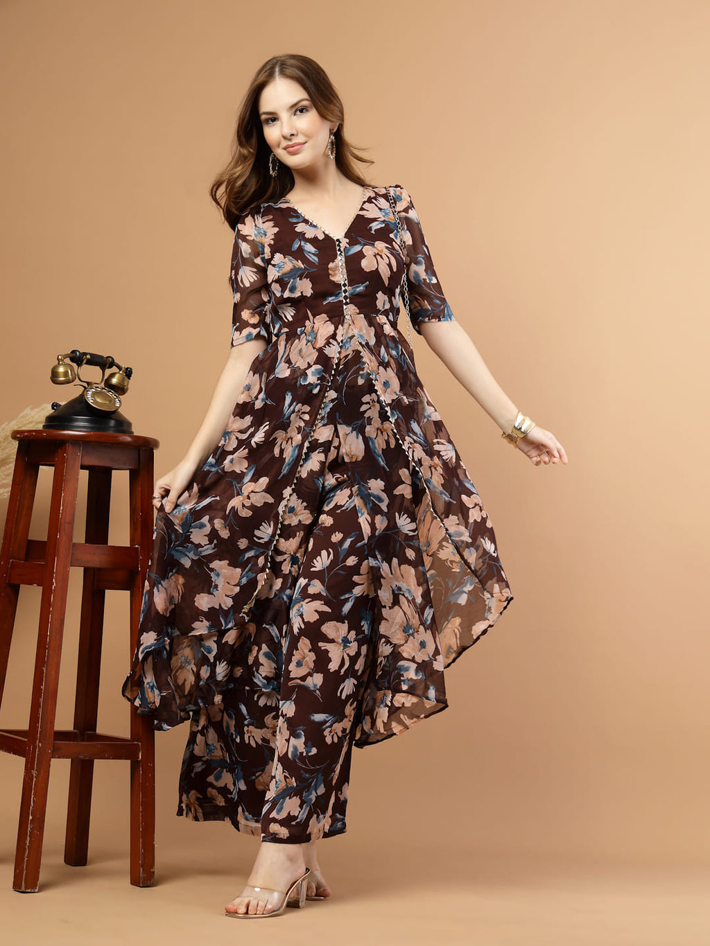 party wear long kurti set with flared pants for women, flaunting garment image.