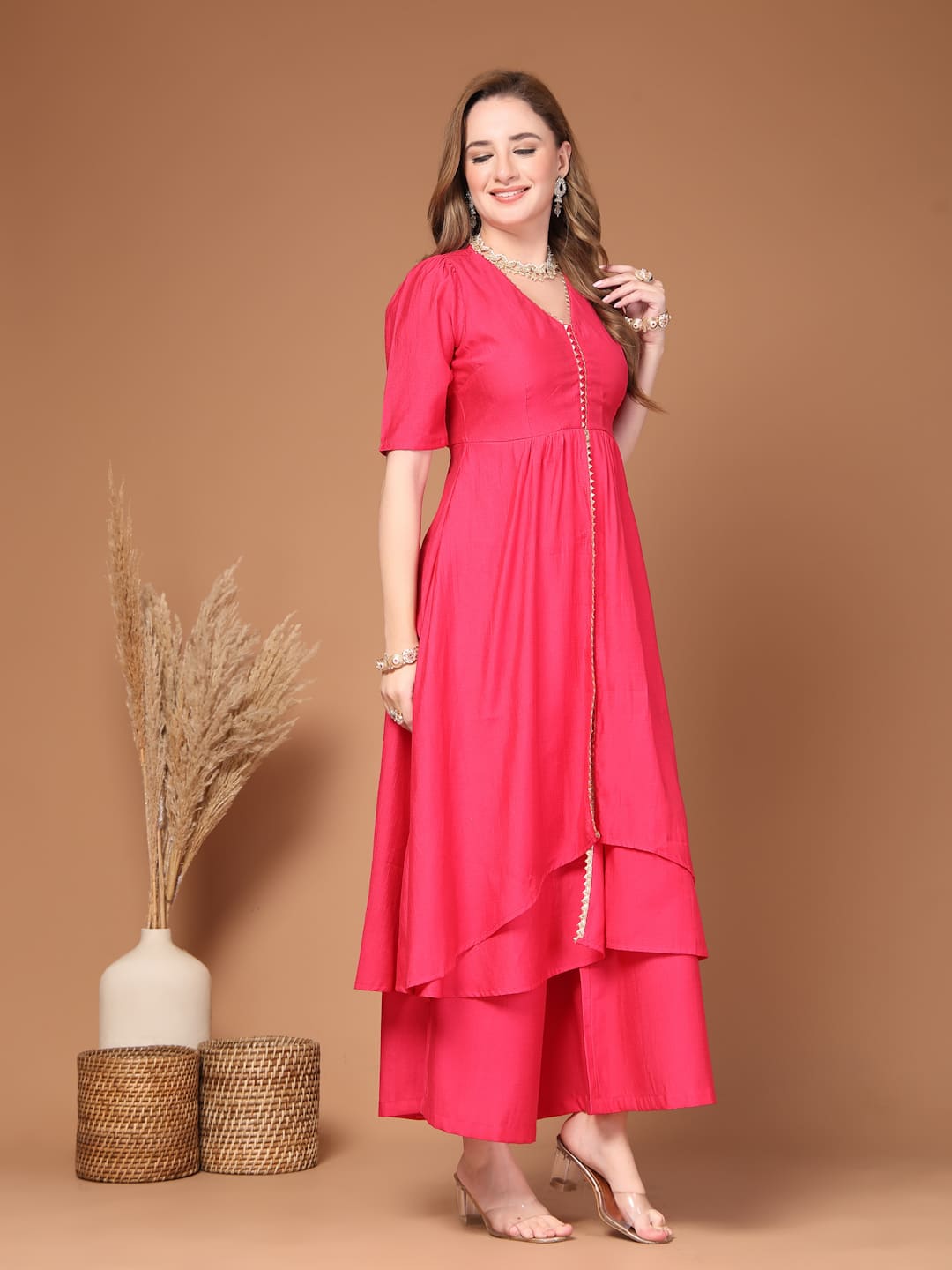 Party and festive wear pink layered kurta set for women with flared pants, elegant Indian outfit