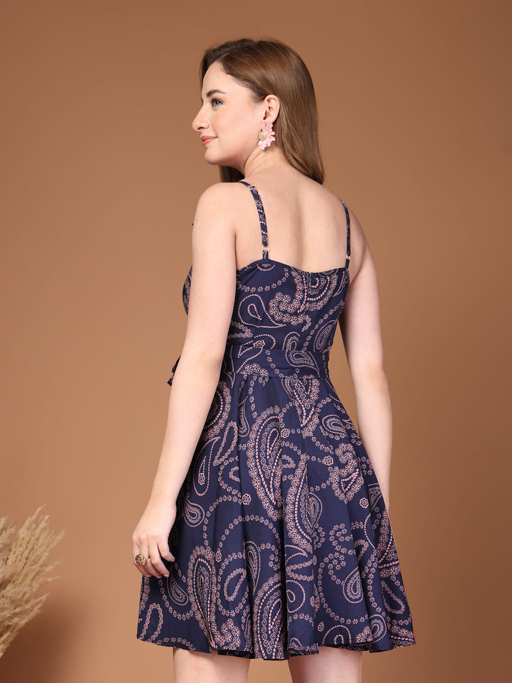 Printed crepe cowl neck short fit and flare dress for women with full circular flare and waist belt ideal for summer wear back image