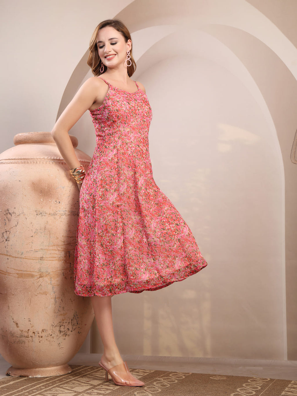Pink Printed Chiffon Panel Dress for Women  Shoulder Strap Midi Dress with Side Zip side view