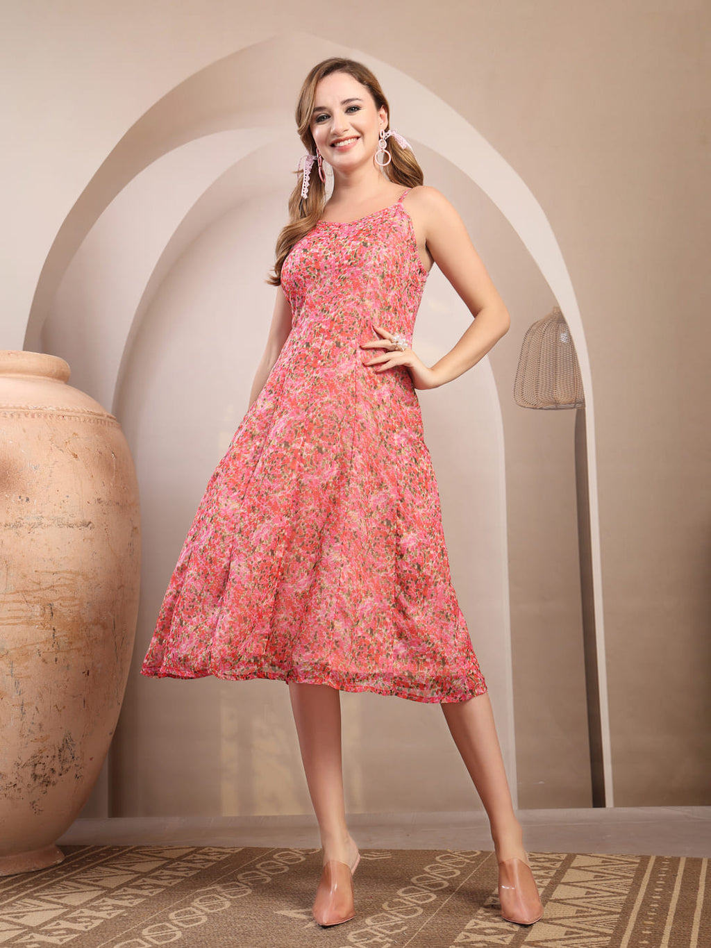 Pink Printed Chiffon Panel Dress for Women  Shoulder Strap Midi Dress with Side Zip moving pose