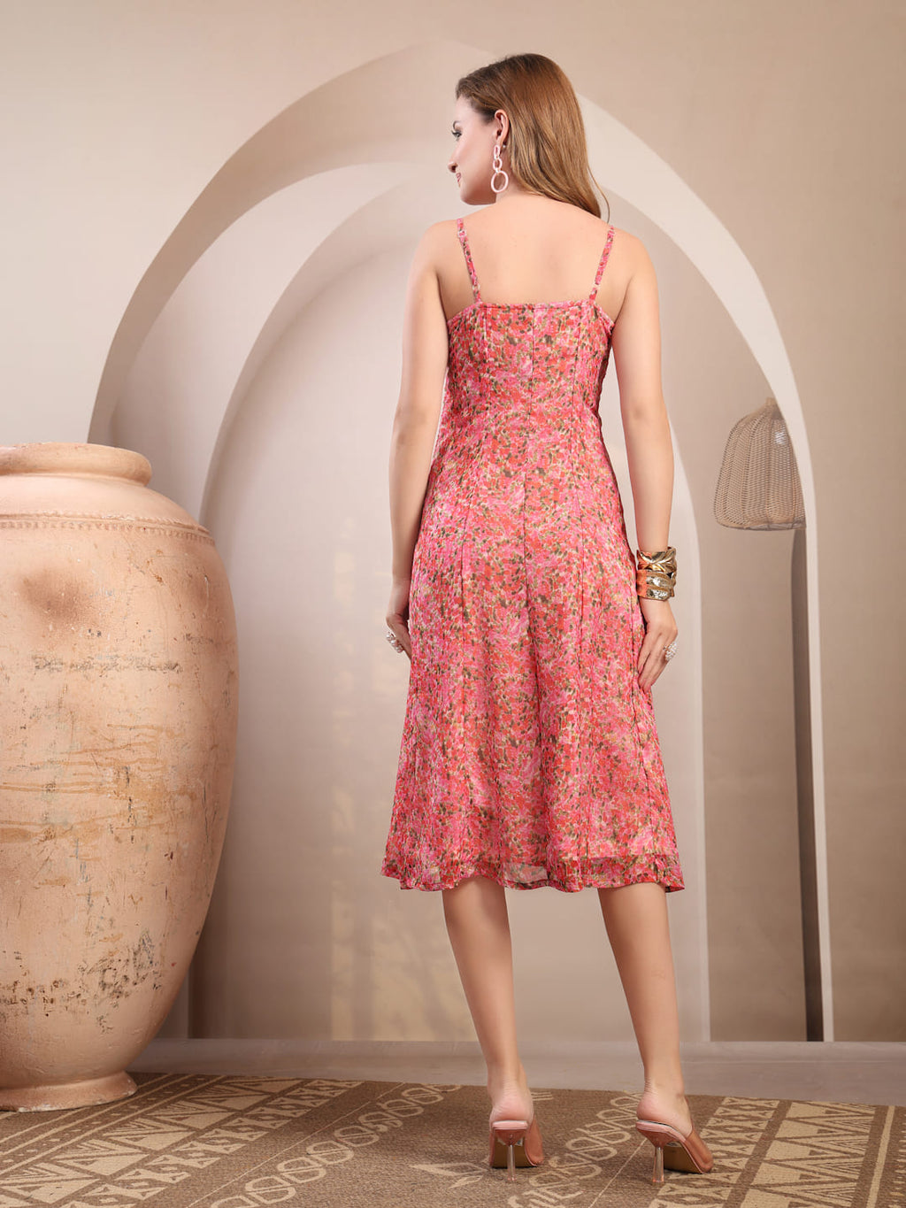 Pink Printed Chiffon Panel Dress for Women  Shoulder Strap Midi Dress with Side Zip back view