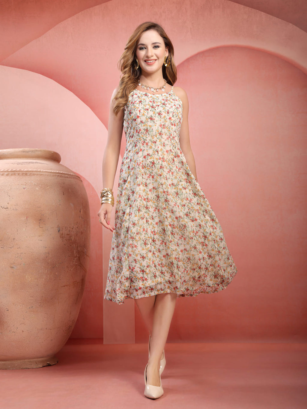 Printed chiffon panel midi dress for women with shoulder straps