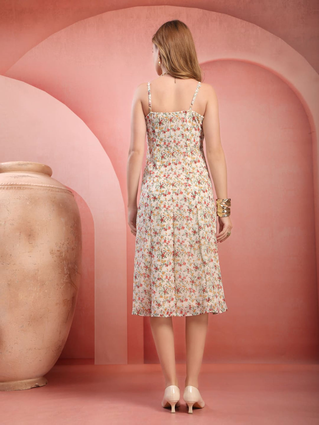 Printed chiffon panel midi dress for women with shoulder straps-Back View