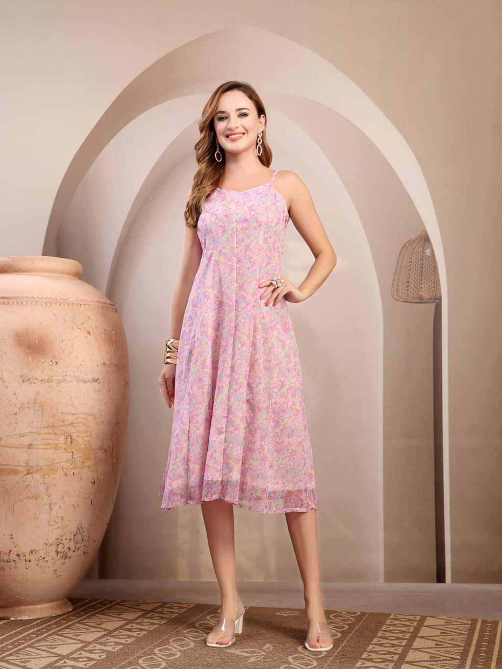 Purple Printed Chiffon Panel Dress for Women | Shoulder Strap Midi Dress with Side Zip front view