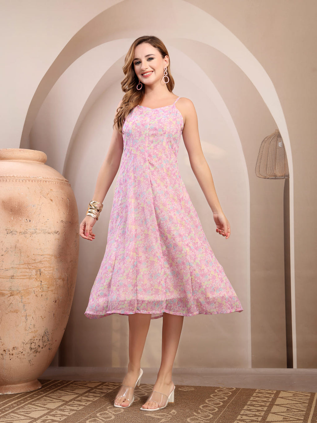 Purple Printed Chiffon Panel Dress for Women | Shoulder Strap Midi Dress with Side Zip moving pose