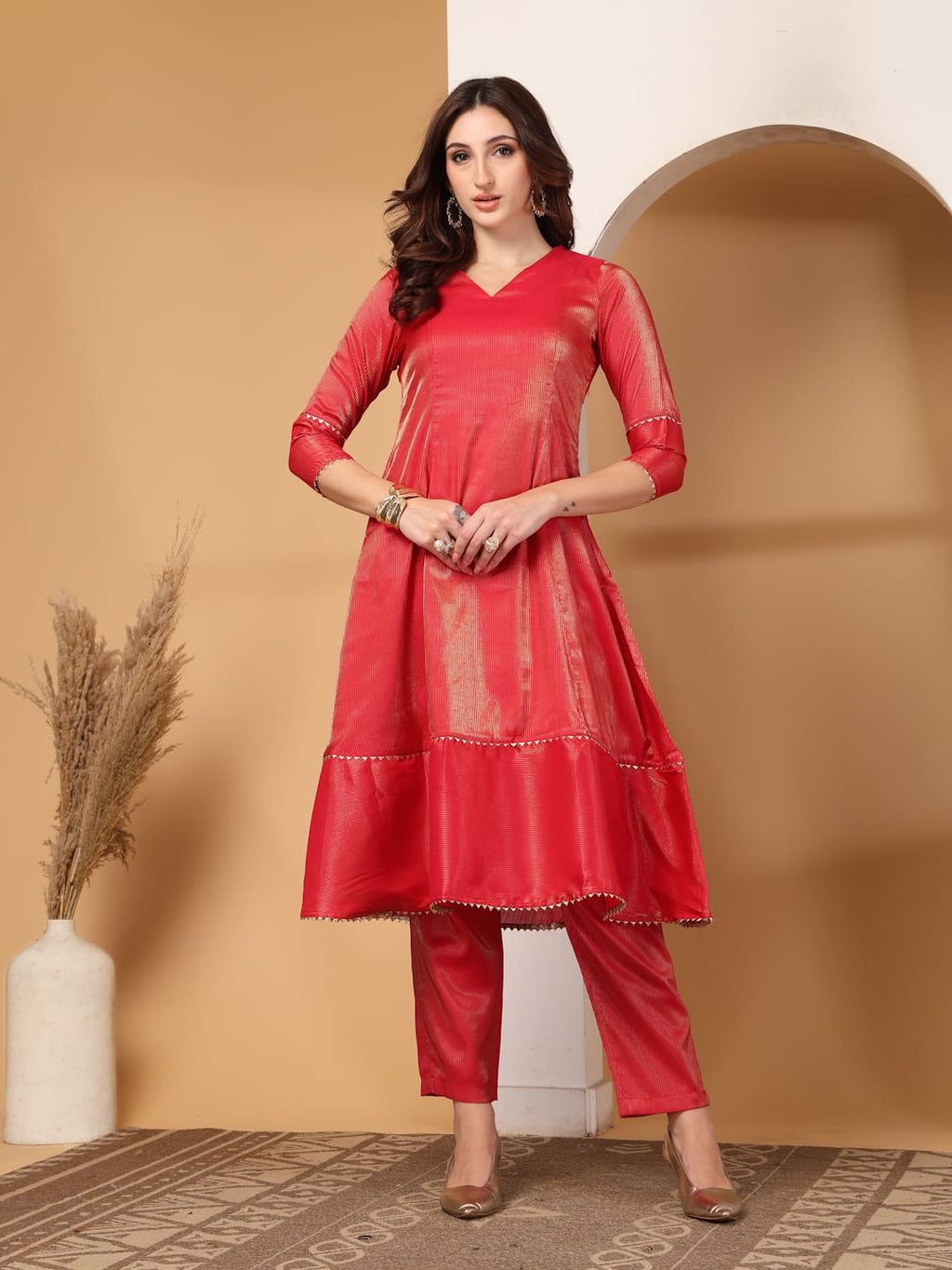 Red Metallic Striped Flared A-Line Kurti Set with Gota Lace & Straight Trousers