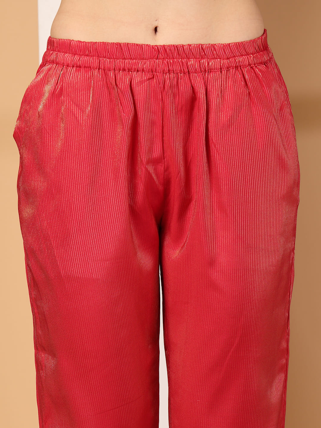 Red Metallic Striped Flared A-Line Kurti Set with Gota Lace & Straight Trousers