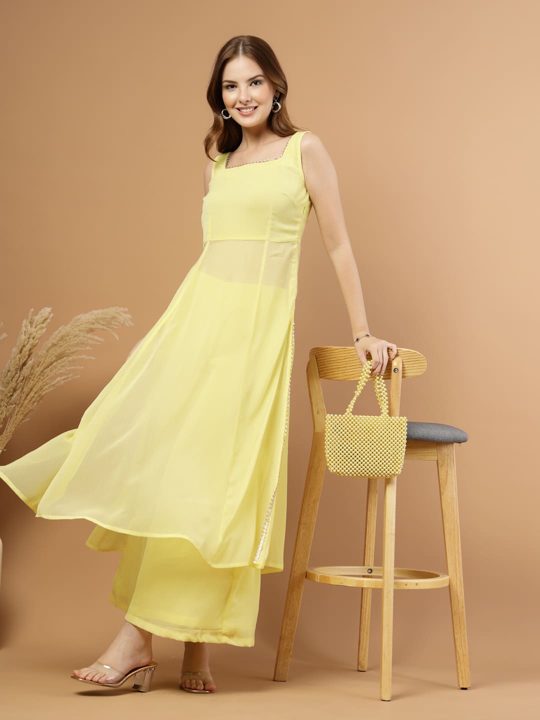 Raassio Princess Line Yellow Kurti Set with Flared Pants – Festive Women’s Outfit