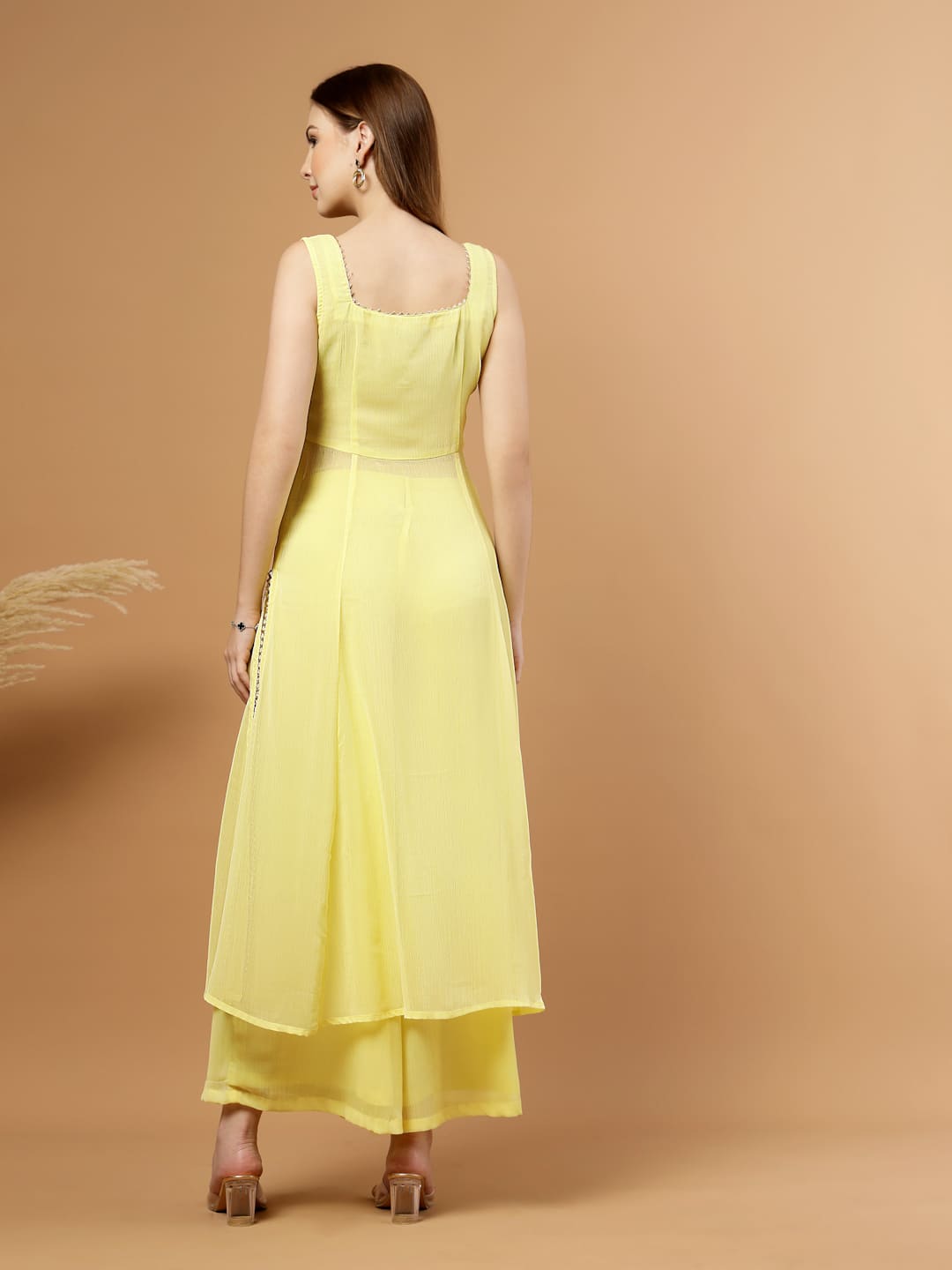 Raassio Princess Line Yellow Kurti Set with Flared Pants – Festive Women’s Outfit- Back View