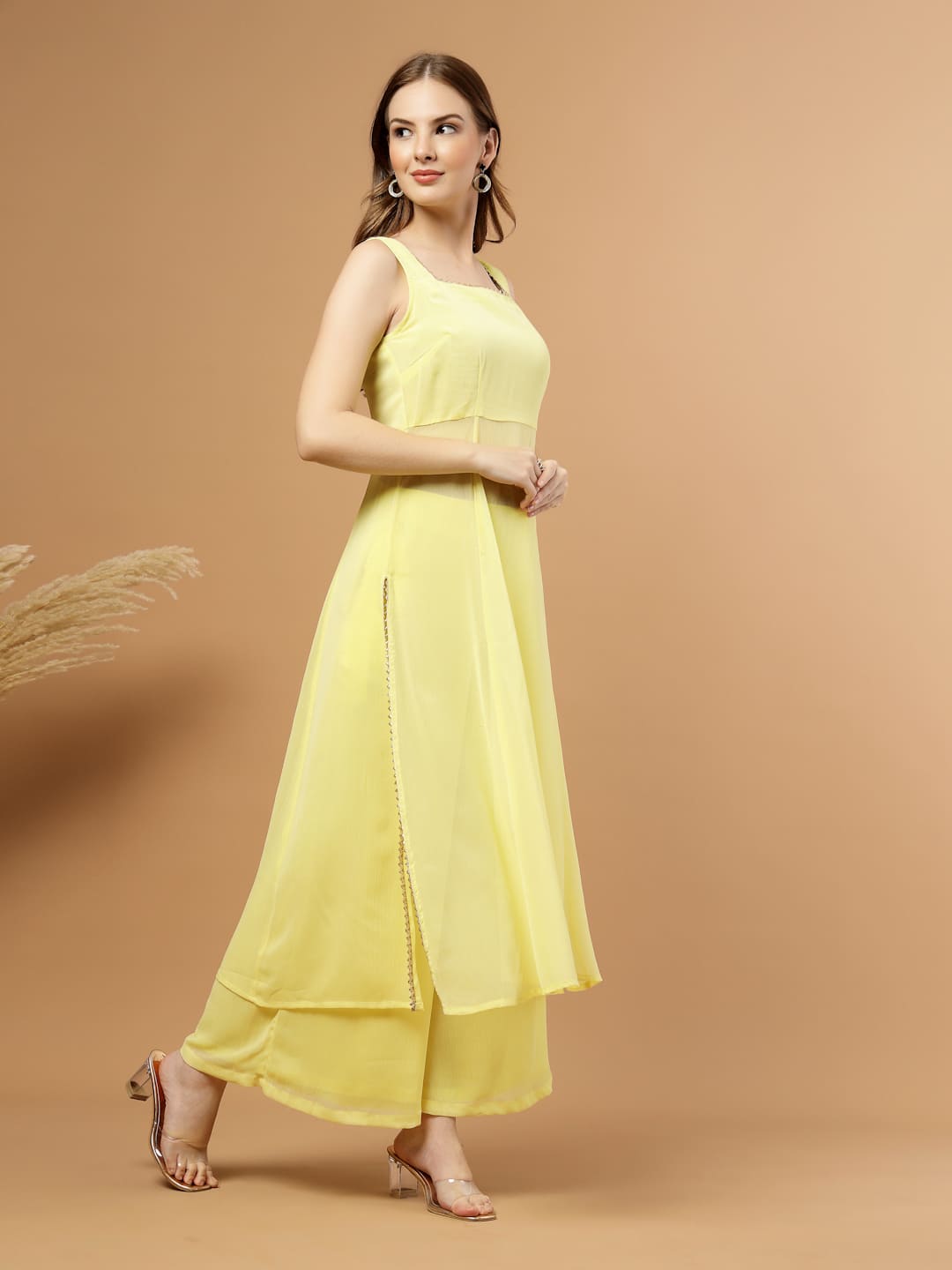 Raassio Princess Line Yellow Kurti Set with Flared Pants – Festive Women’s Outfit- Side View
