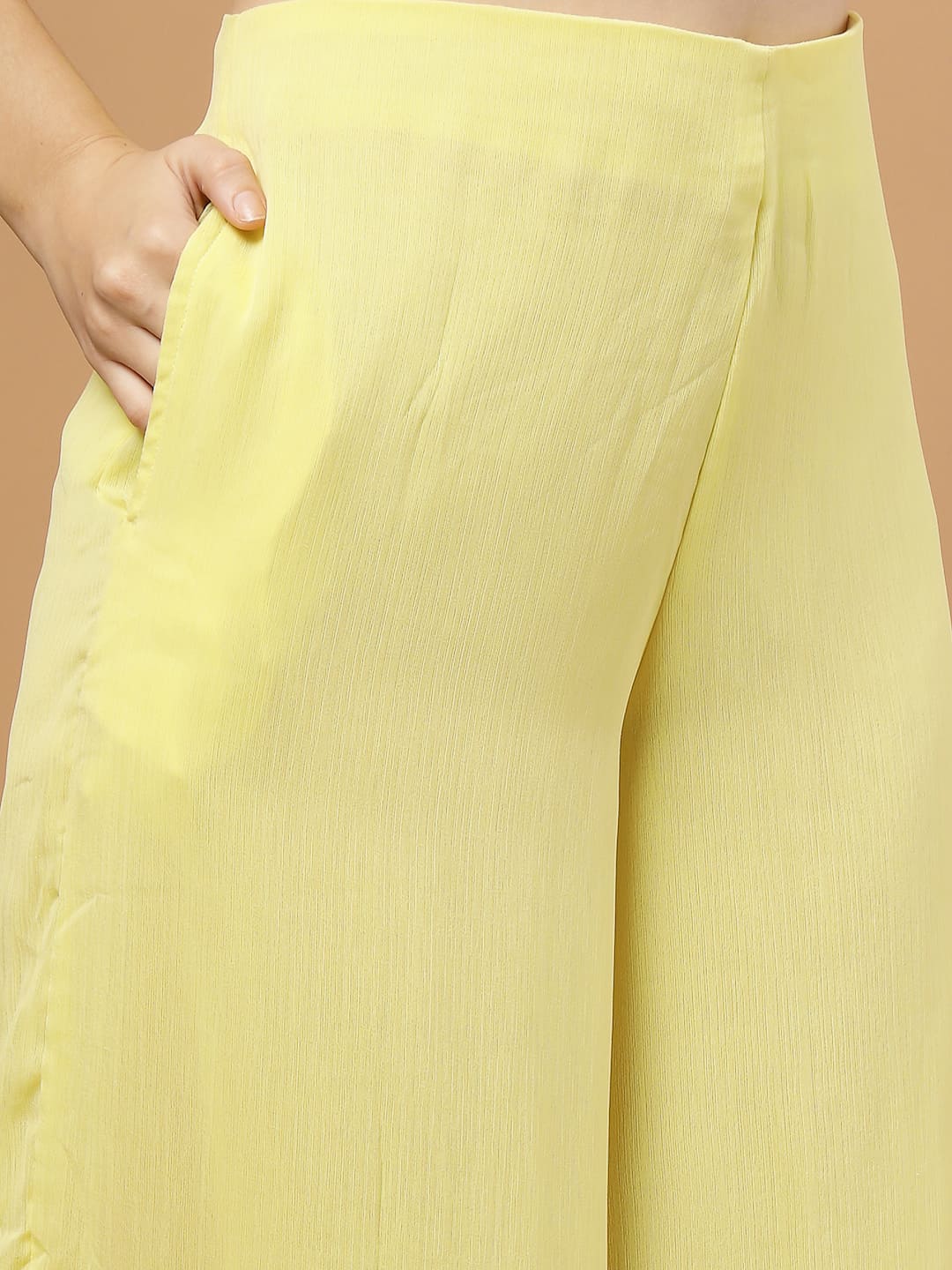 Raassio Princess Line Yellow Kurti Set with Flared Pants – Festive Women’s Outfit- Pant Close up