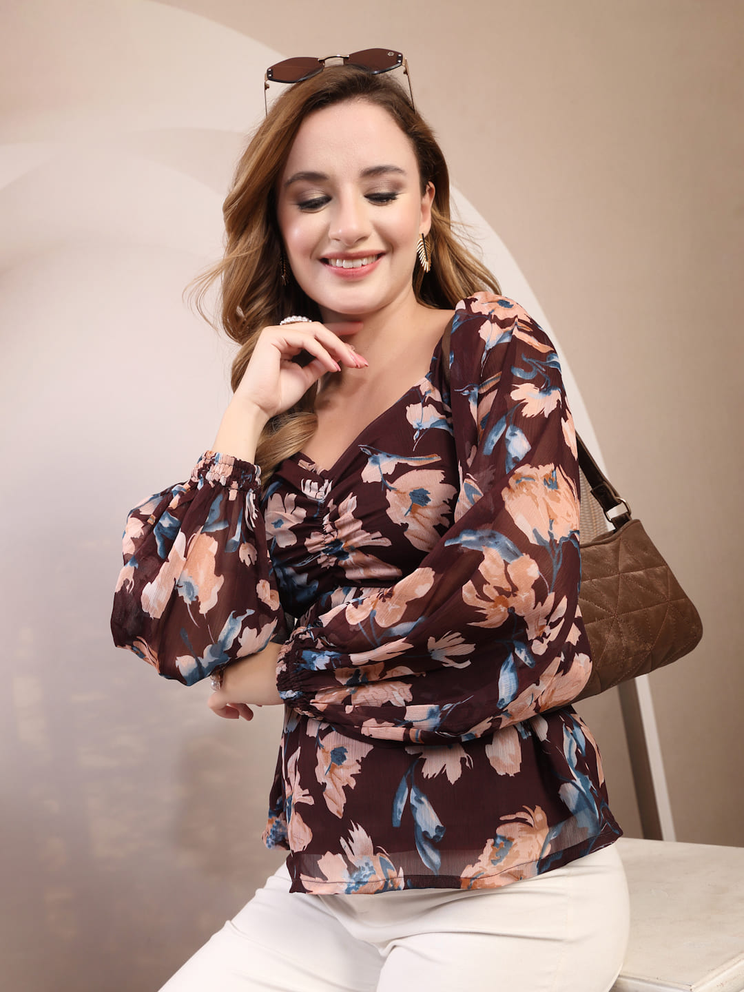 Raassio women brown floral top stylish casual summer outfit