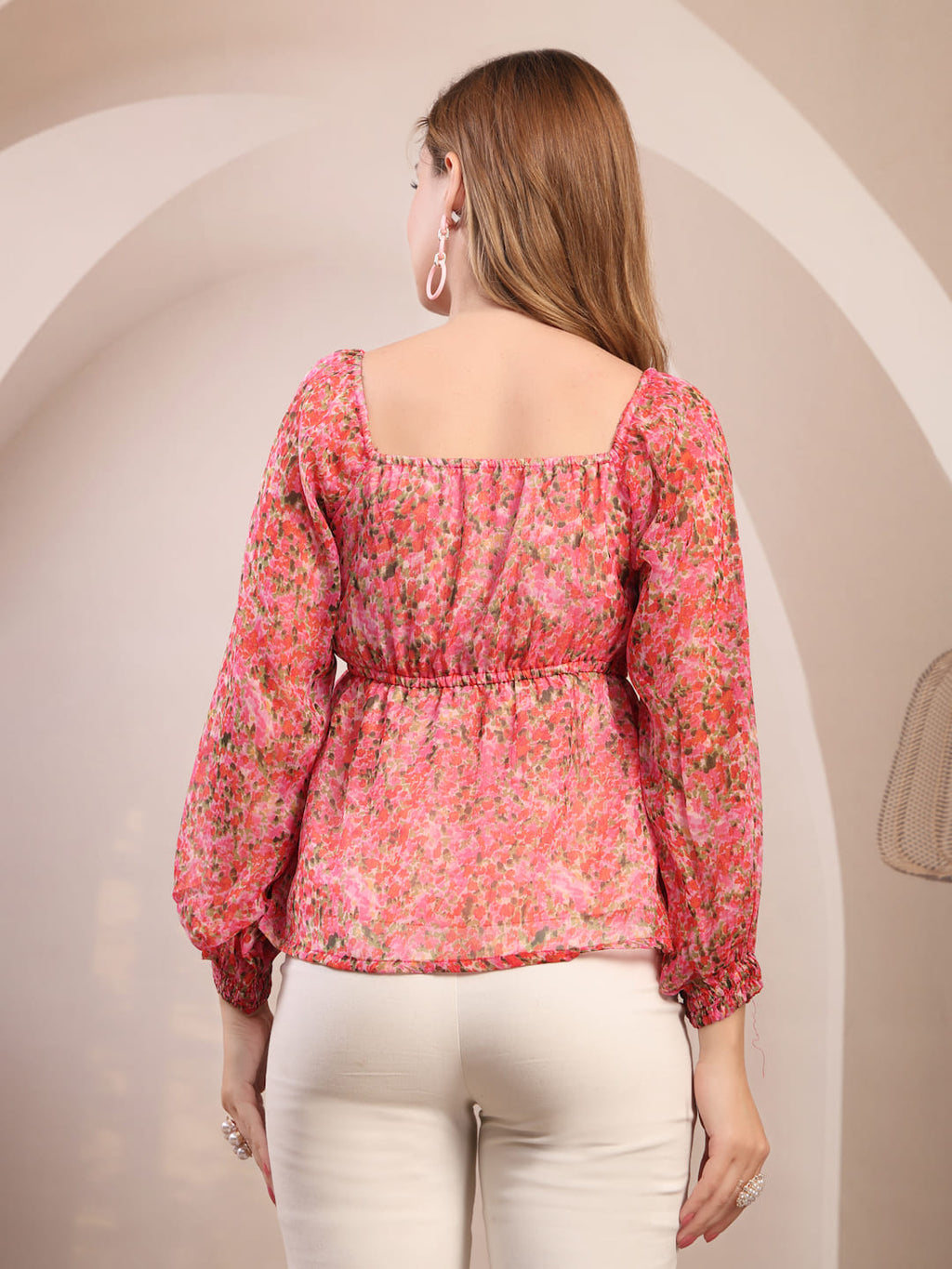Raassio women pink floral chiffon top with long sleeves summer wear- back   image