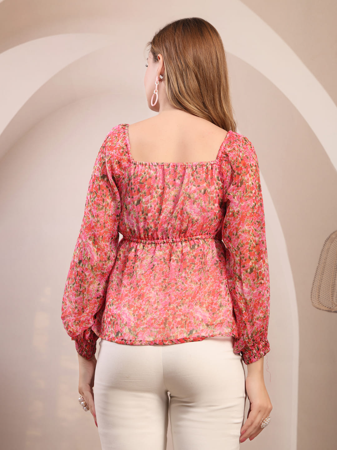 Raassio women pink floral chiffon top with long sleeves summer wear- back   image