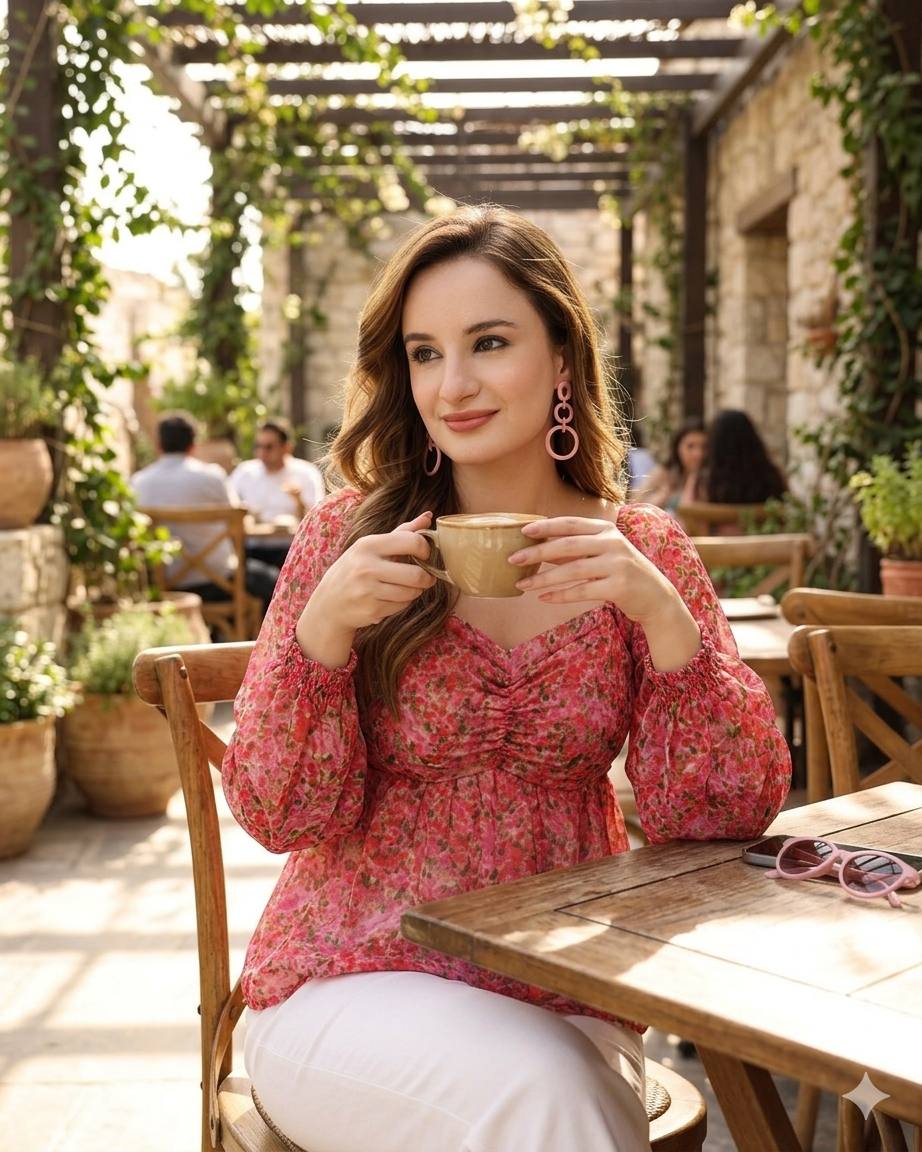 Raassio women pink floral chiffon top with long sleeves summer wear- Life style image.