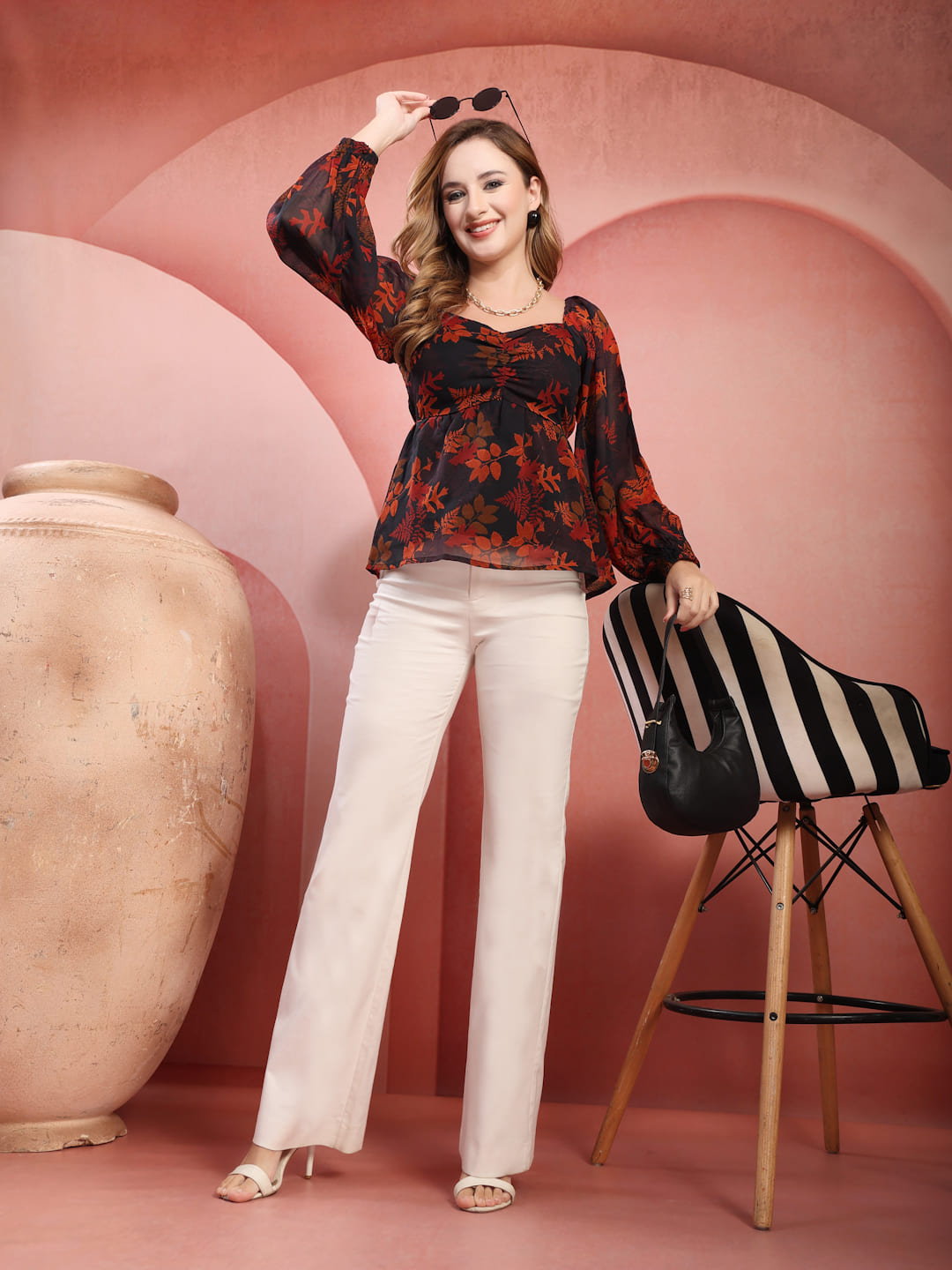 Raassio women black orange floral chiffon top long sleeve full image