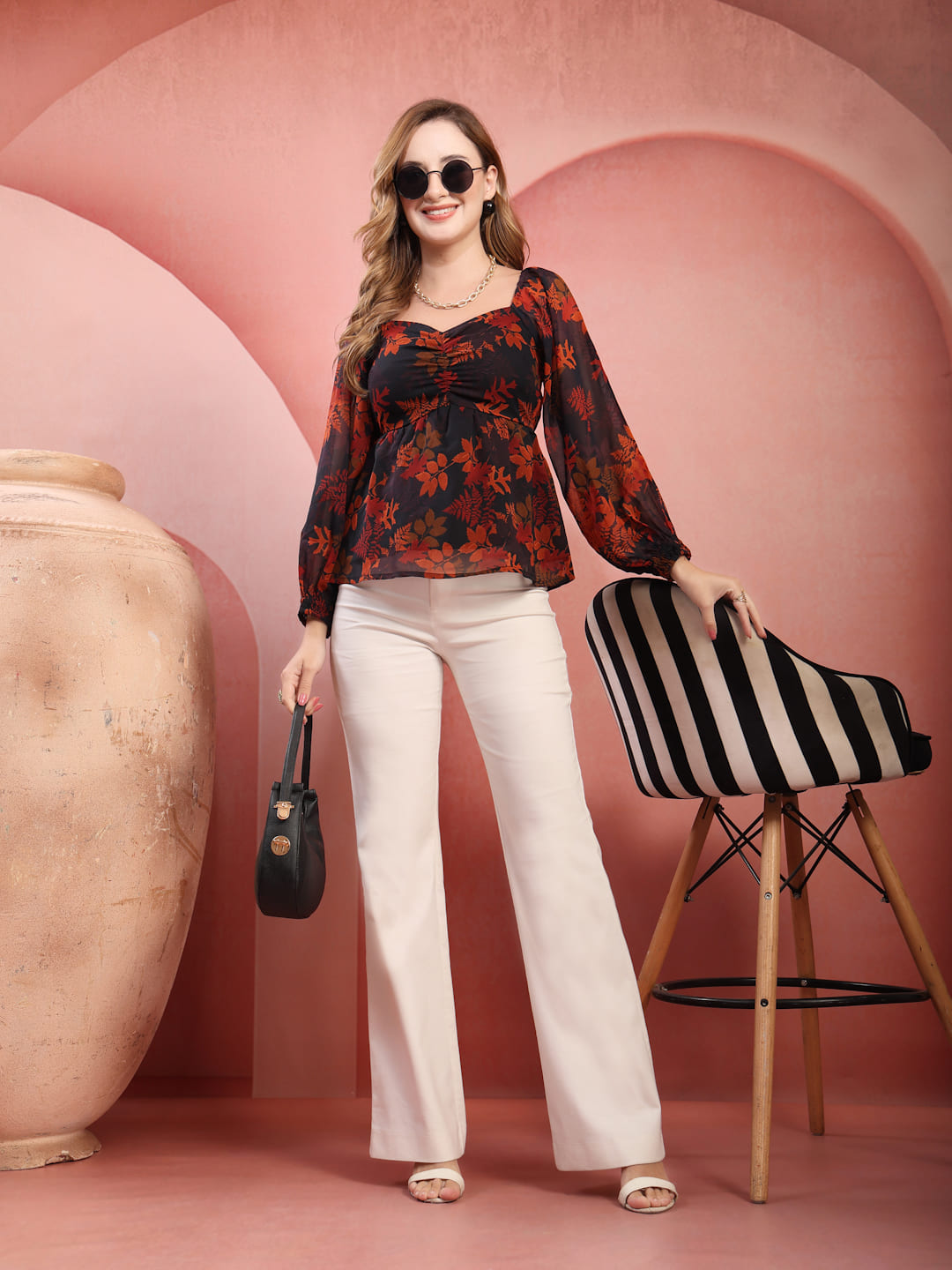 Raassio women black orange floral chiffon top long sleeve final look