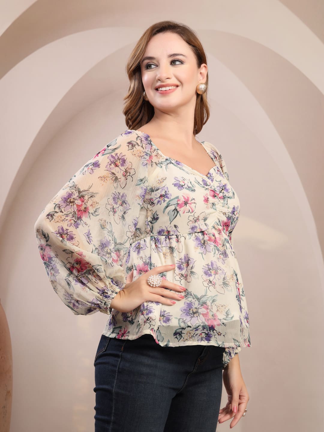 Raassio Women Floral Printed Chiffon Top  Lightweight Summer Casual Wear Top for Women  Off White-Side View