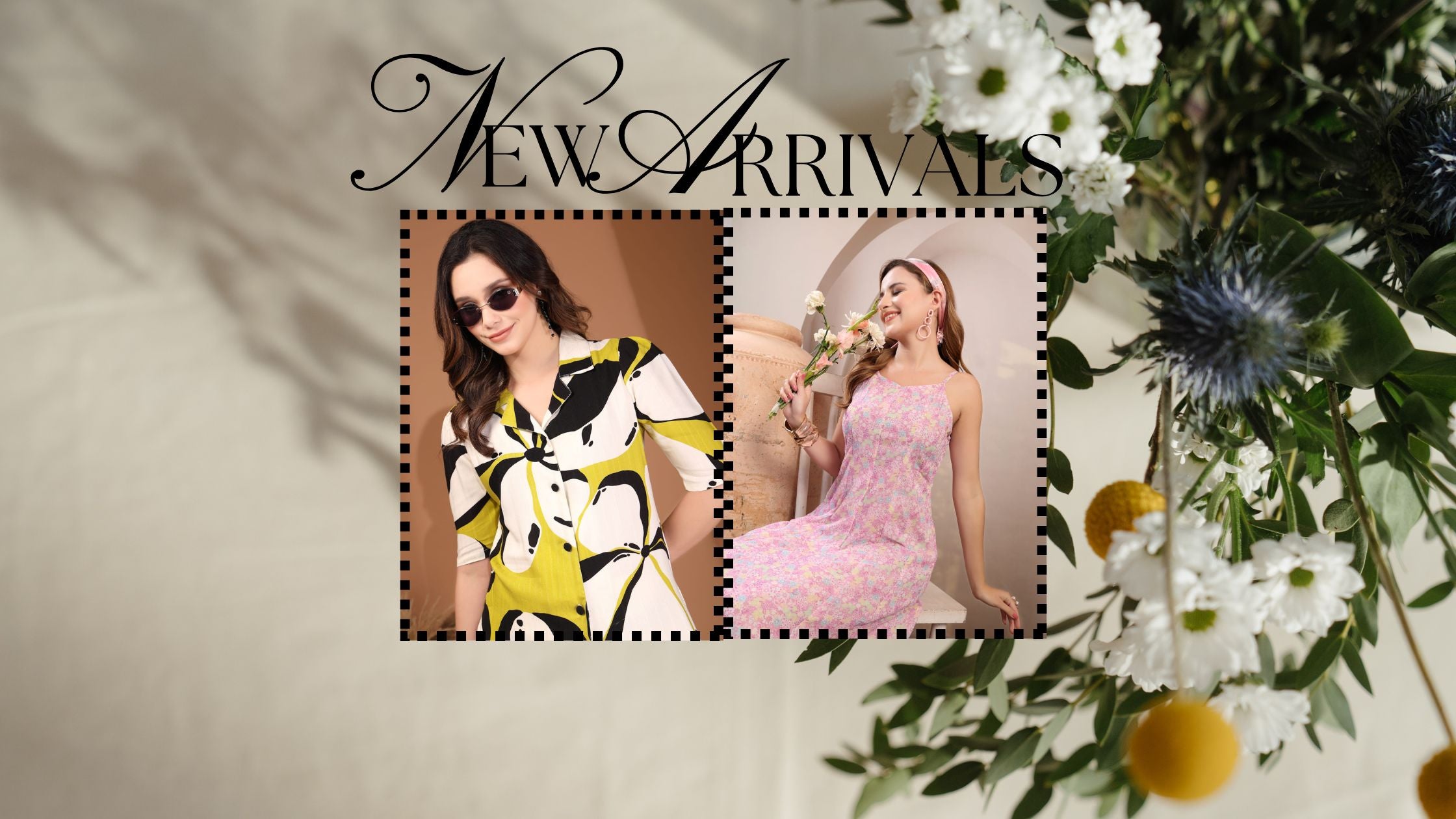 Promotional banner for new arrivals with two women in dresses and floral decorations.