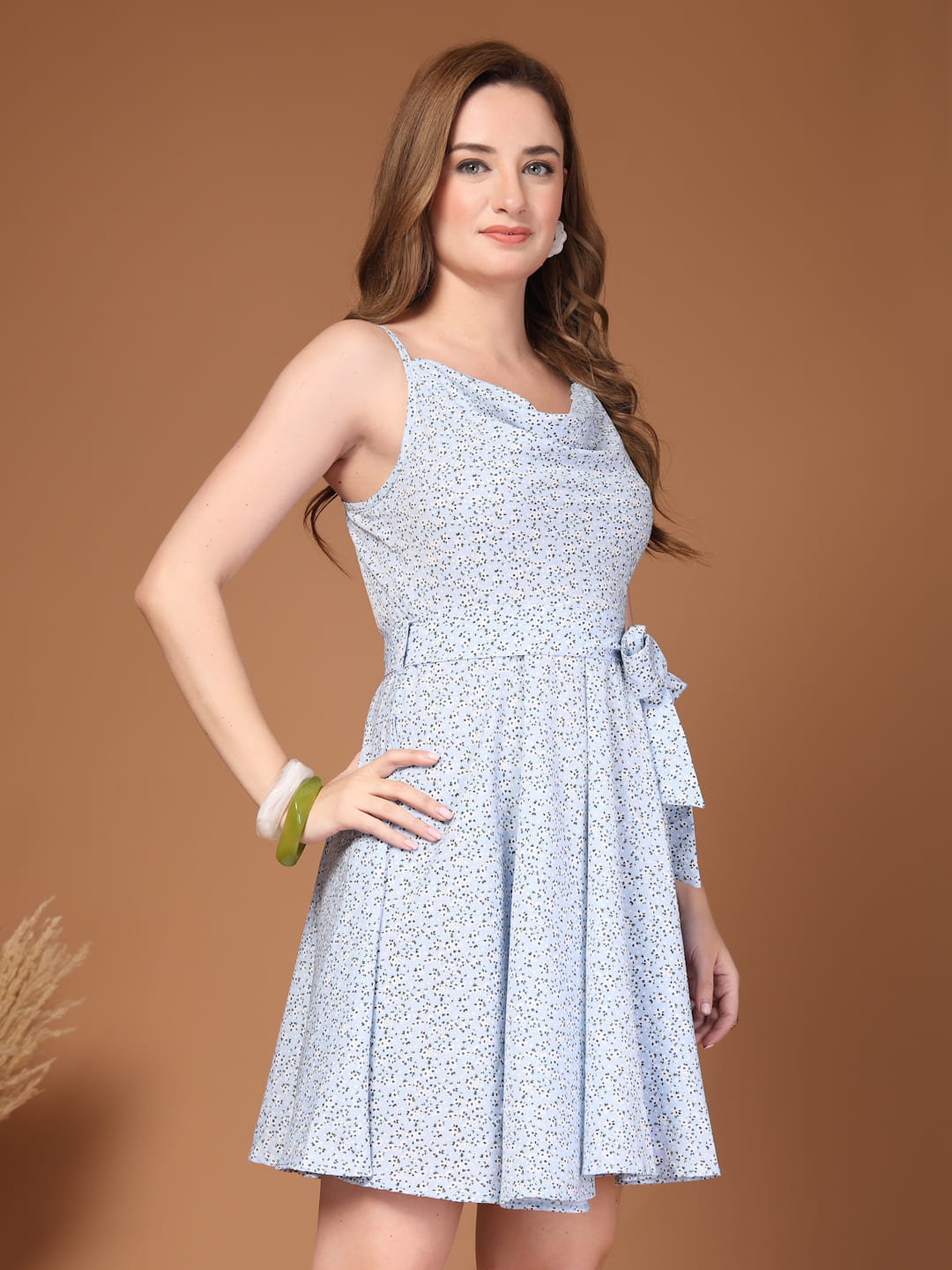 Soft Blue Print Crepe Cowl Neck Fit & Flare Dress for Women | Summer Raassio Soft Blue Print Crepe Cowl Neck Fit & Flare Dress for Women | Summer Raassio