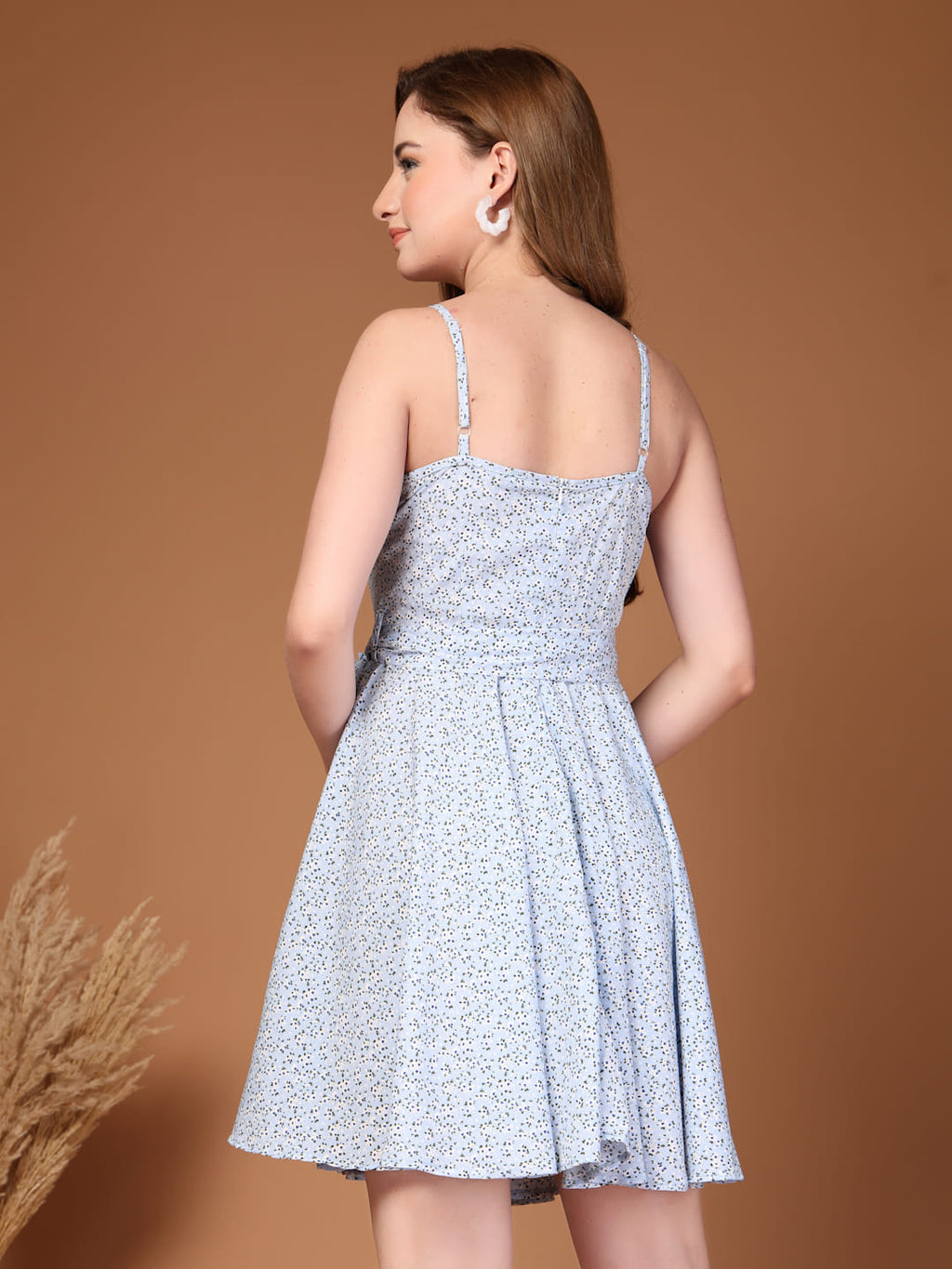 Soft Blue Printed Cowl Neck Short Dress for Women | Fit & Flare Summer Dress with Waist Belt-Back View