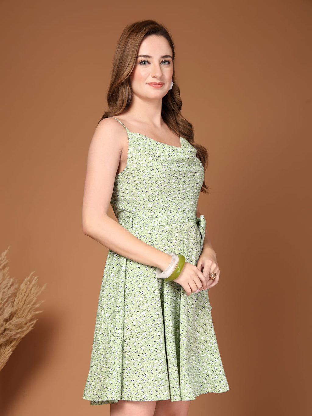 Soft Green Printed Cowl Neck Short Dress for Women | Fit & Flare Summer Dress with Waist Belt right side view