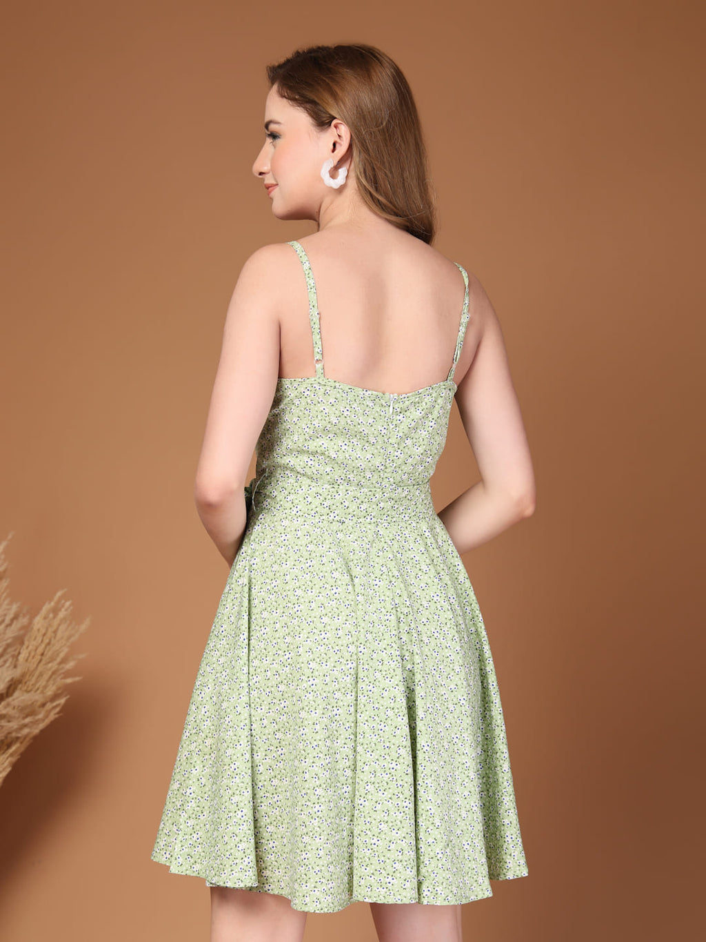 Soft Green Printed Cowl Neck Short Dress for Women | Fit & Flare Summer Dress with Waist Belt back view