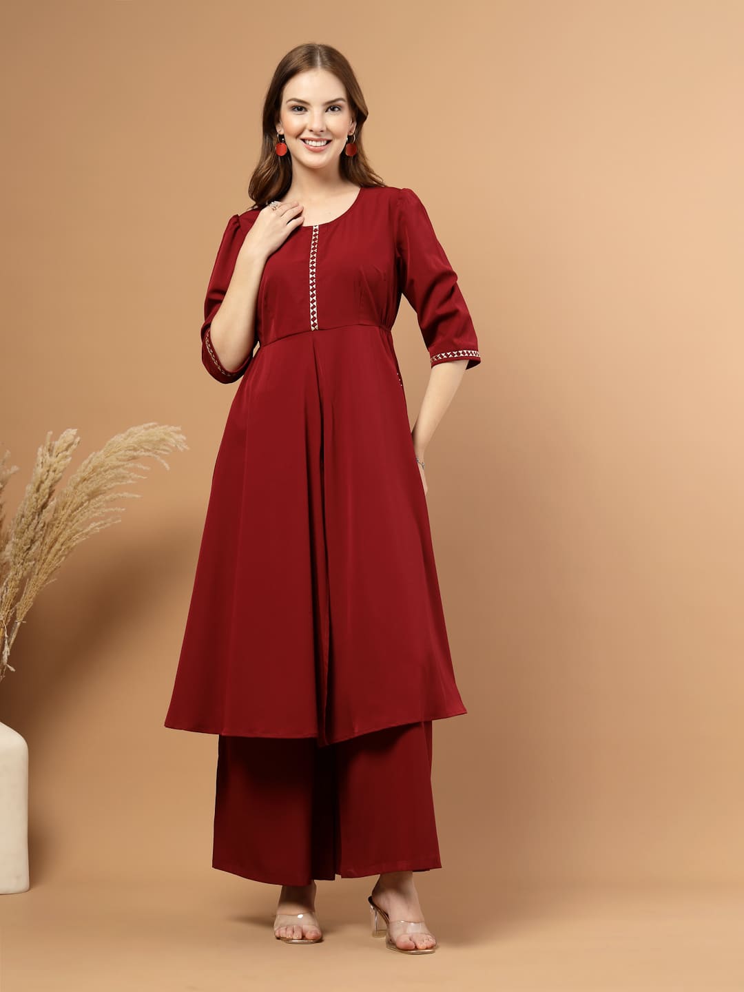 Solid Burgundy Kurta Set for Women with Gotta Patti Lace, Circular Flare Kurta with Front Slit and Flared Pants- Front View