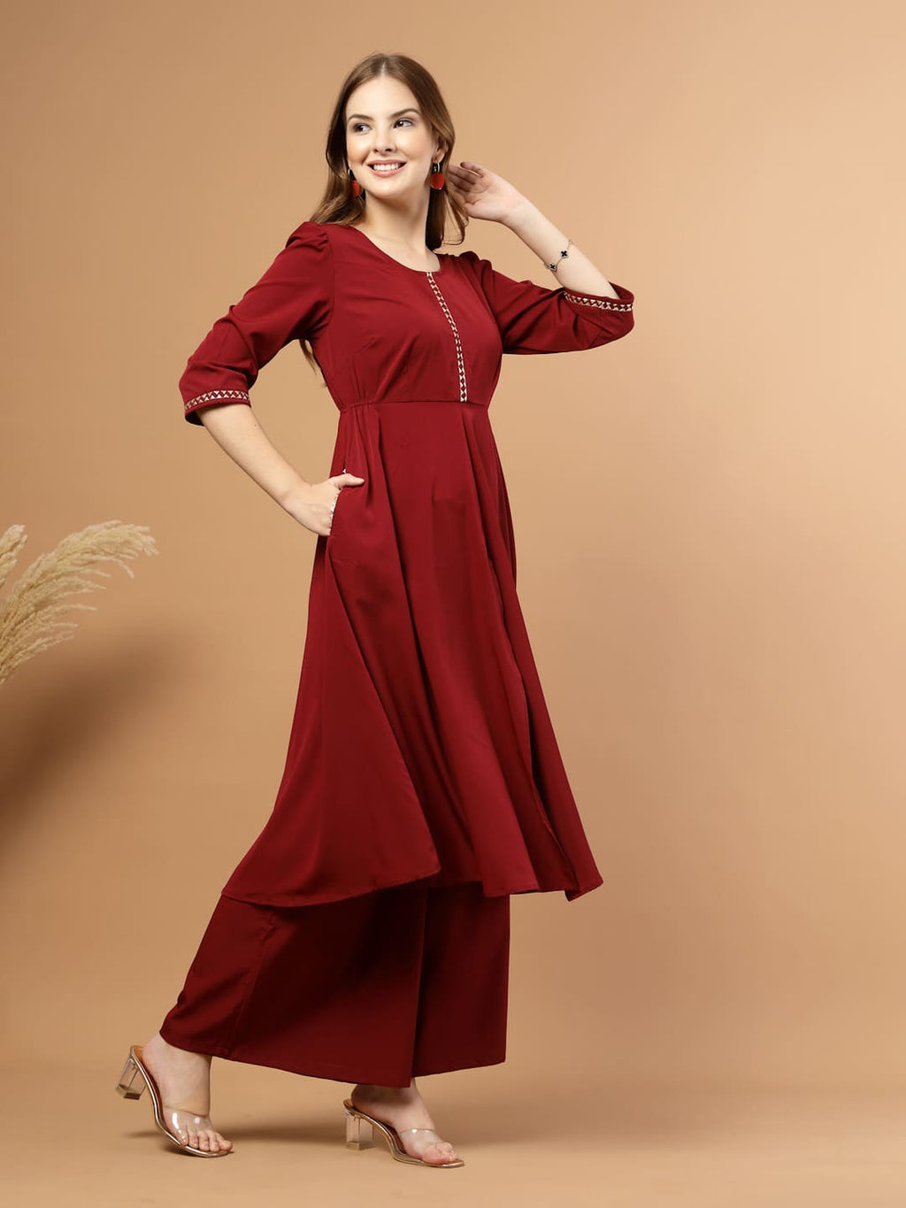 Solid Burgundy Kurta Set for Women with Gotta Patti Lace, Circular Flare Kurta with Front Slit and Flared Pants- right side view
