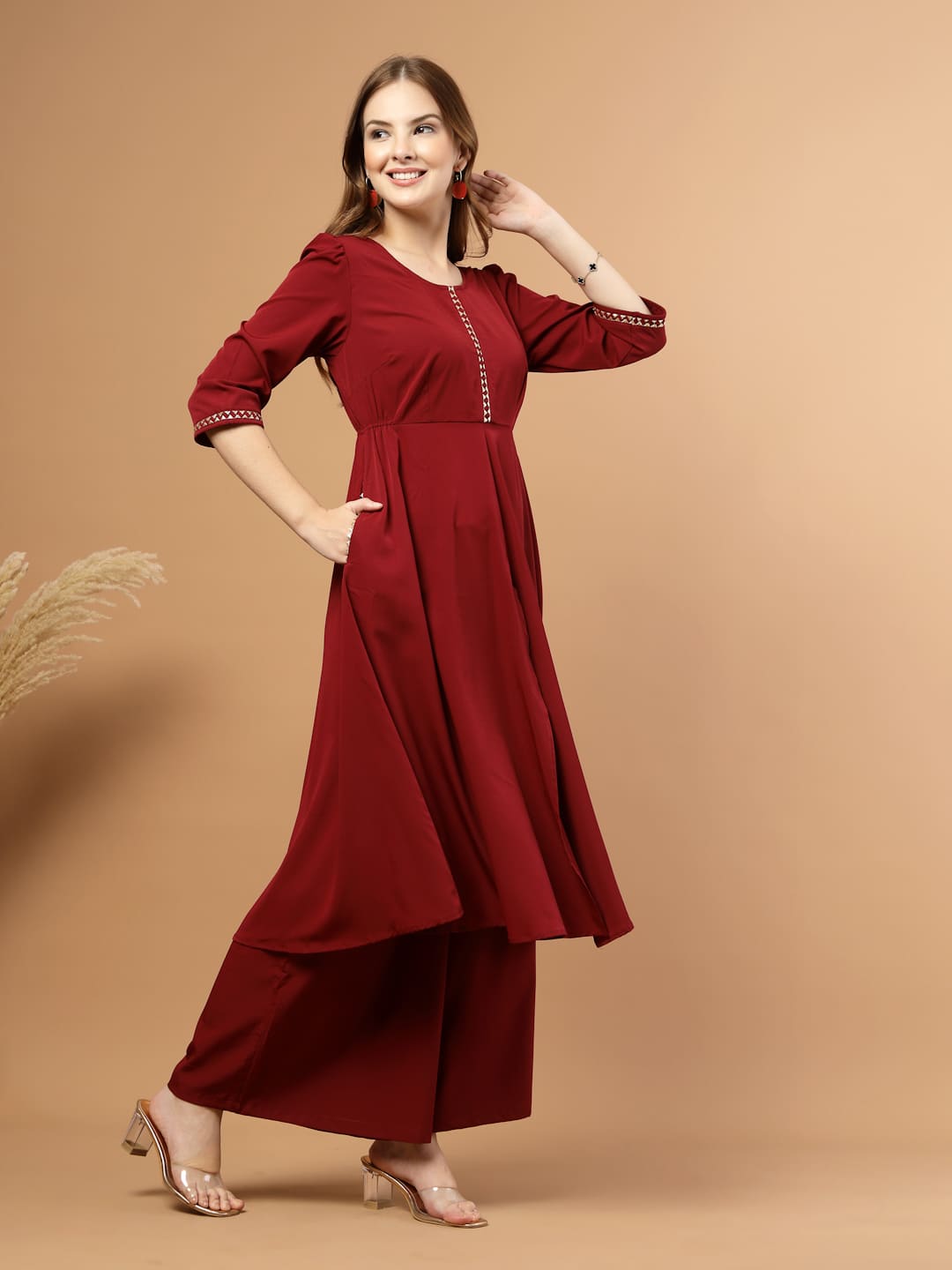 Solid Burgundy Kurta Set for Women with Gotta Patti Lace, Circular Flare Kurta with Front Slit and Flared Pants- right side view