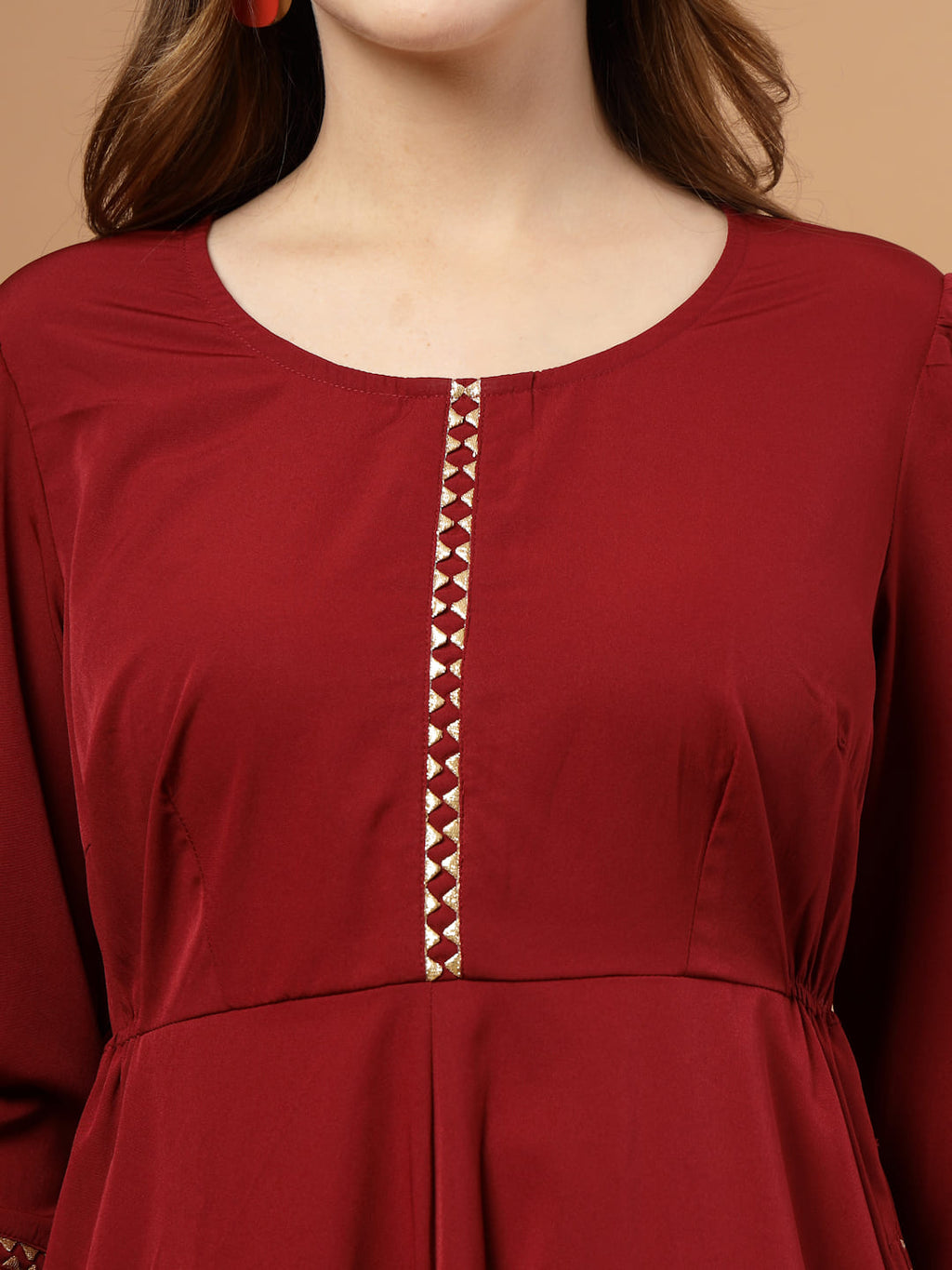 Solid Burgundy Kurta Set for Women with Gotta Patti Lace, Circular Flare Kurta with Front Slit and Flared Pants- Close up