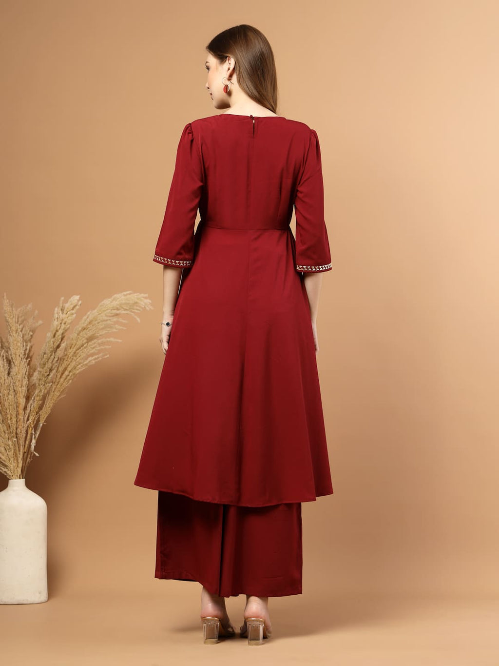 Solid Burgundy Kurta Set for Women with Gotta Patti Lace, Circular Flare Kurta with Front Slit and Flared Pants- Back View