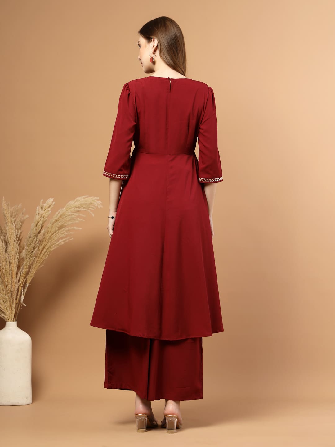 Solid Burgundy Kurta Set for Women with Gotta Patti Lace, Circular Flare Kurta with Front Slit and Flared Pants- Back View