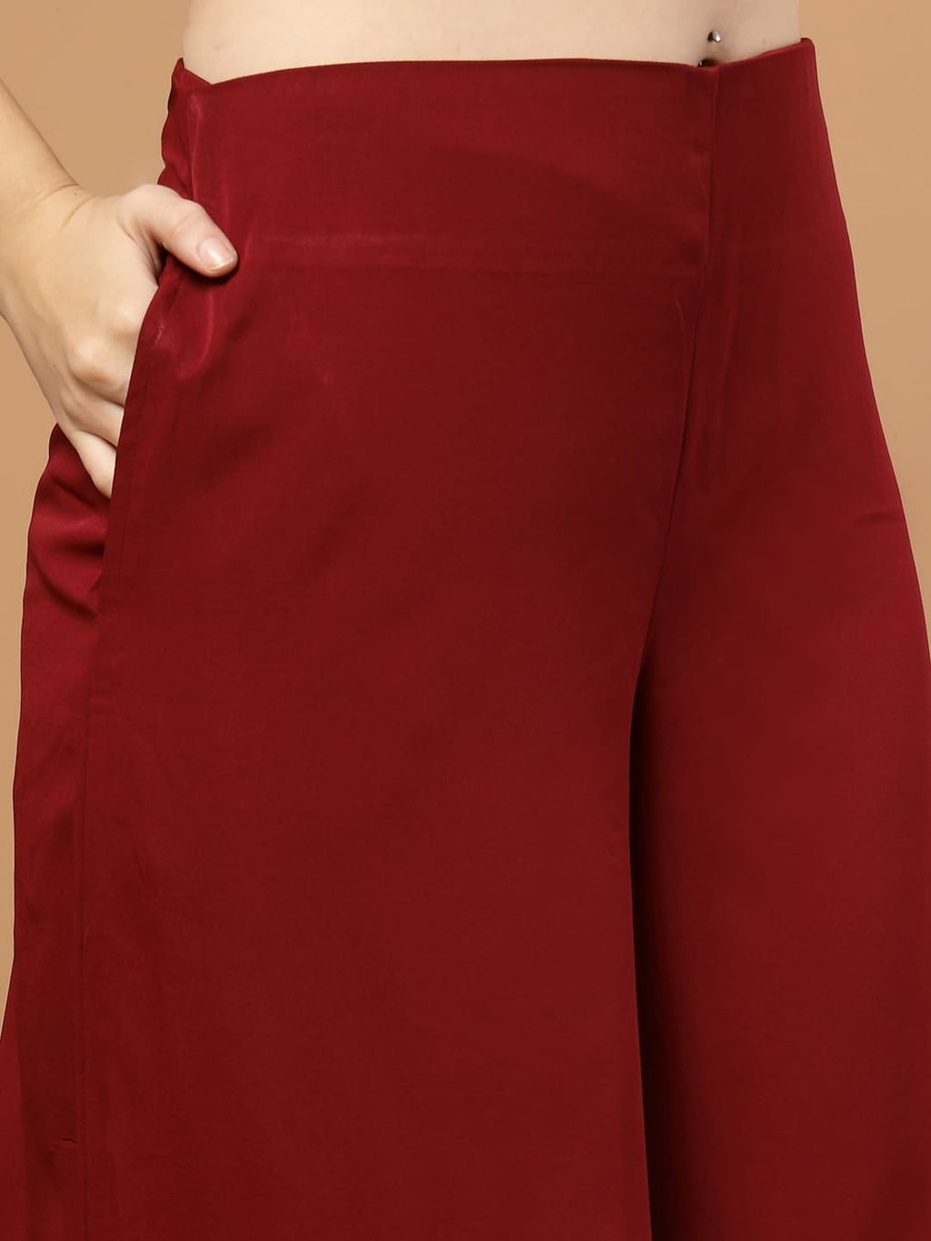 Solid Burgundy Kurta Set for Women with Gotta Patti Lace, Circular Flare Kurta with Front Slit and Flared Pants- bottom Close up