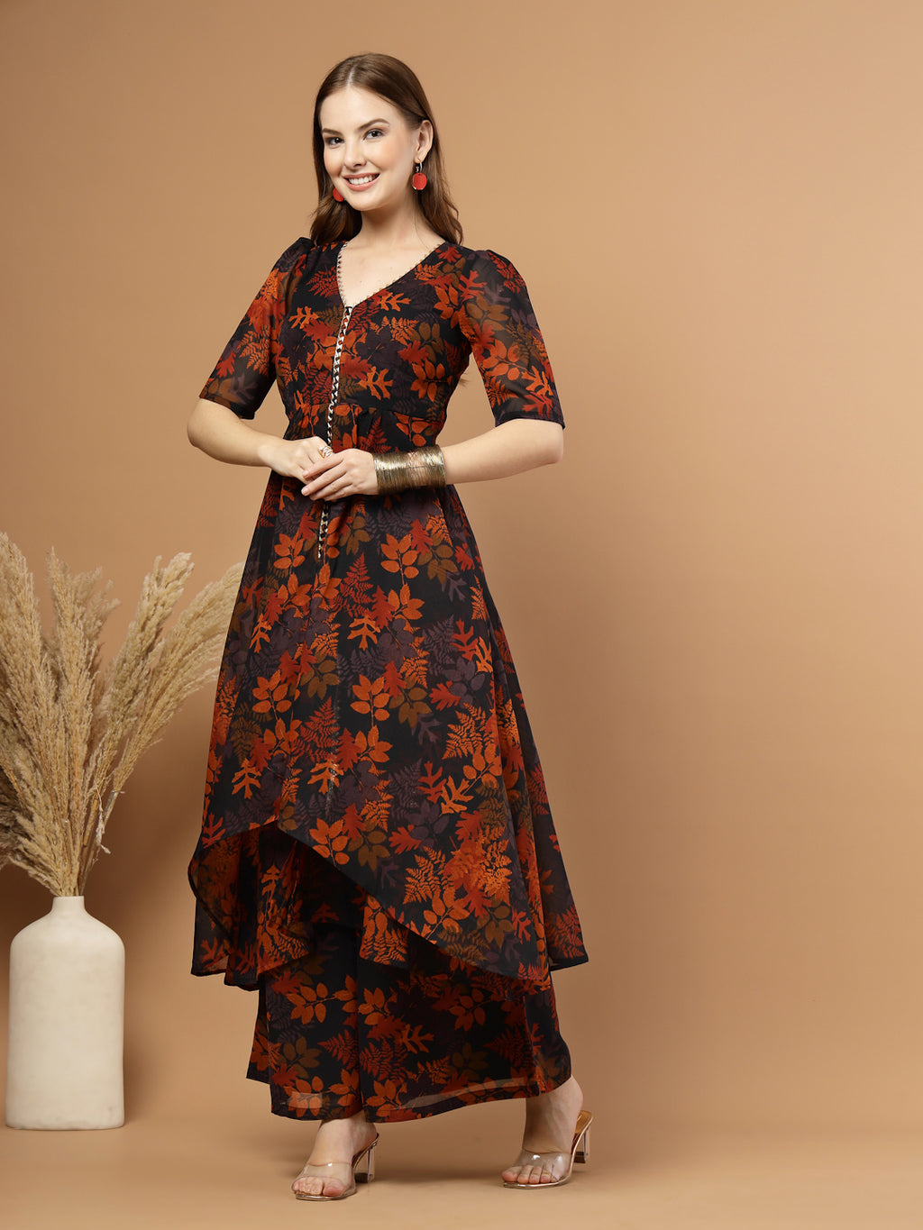 Tropical printed layered kurta set with flared pants for women – festive wear with lace detailing, side zip, lining, and pocket.