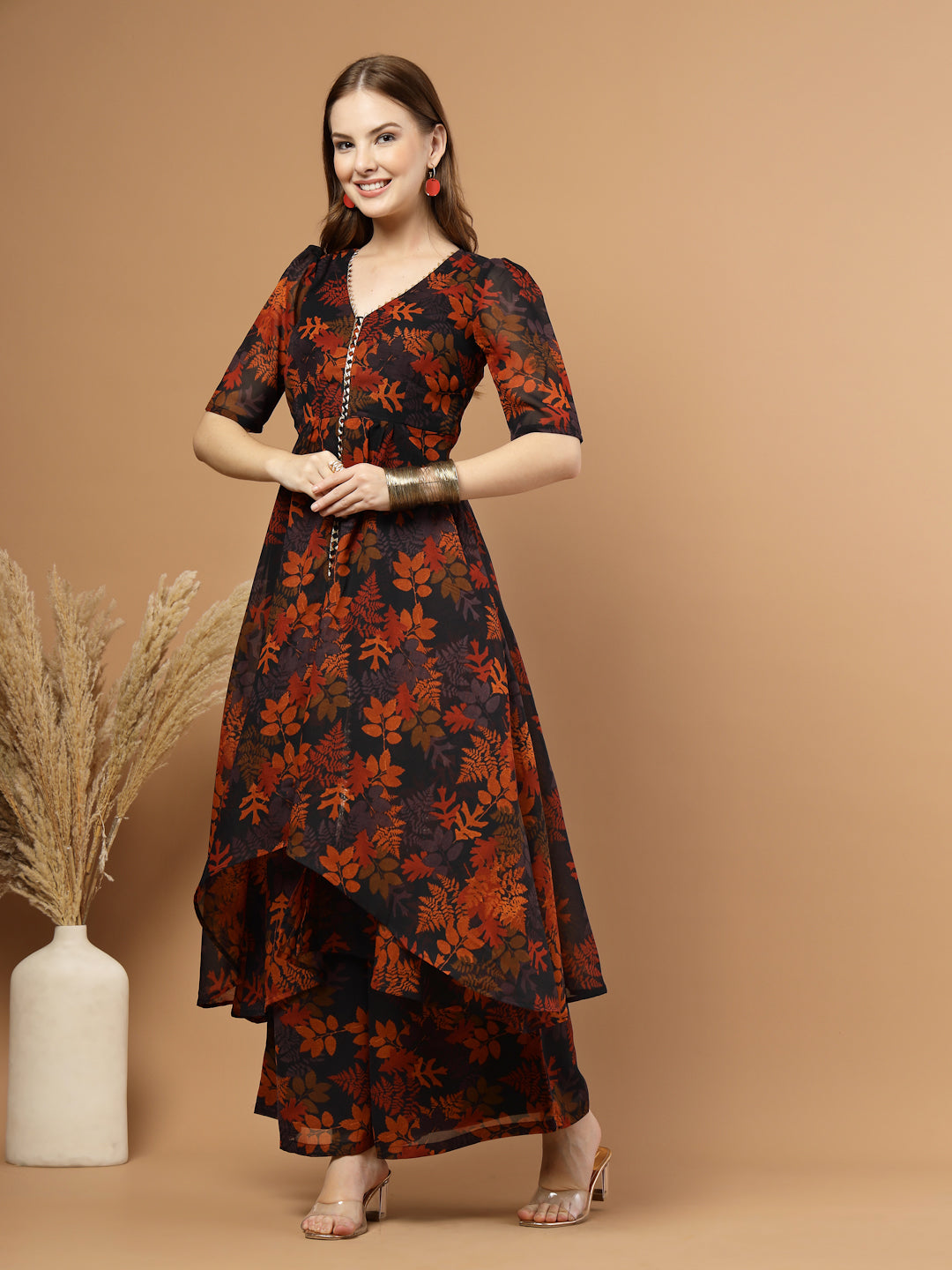 Tropical printed layered kurta set with flared pants for women – festive wear with lace detailing, side zip, lining, and pocket.