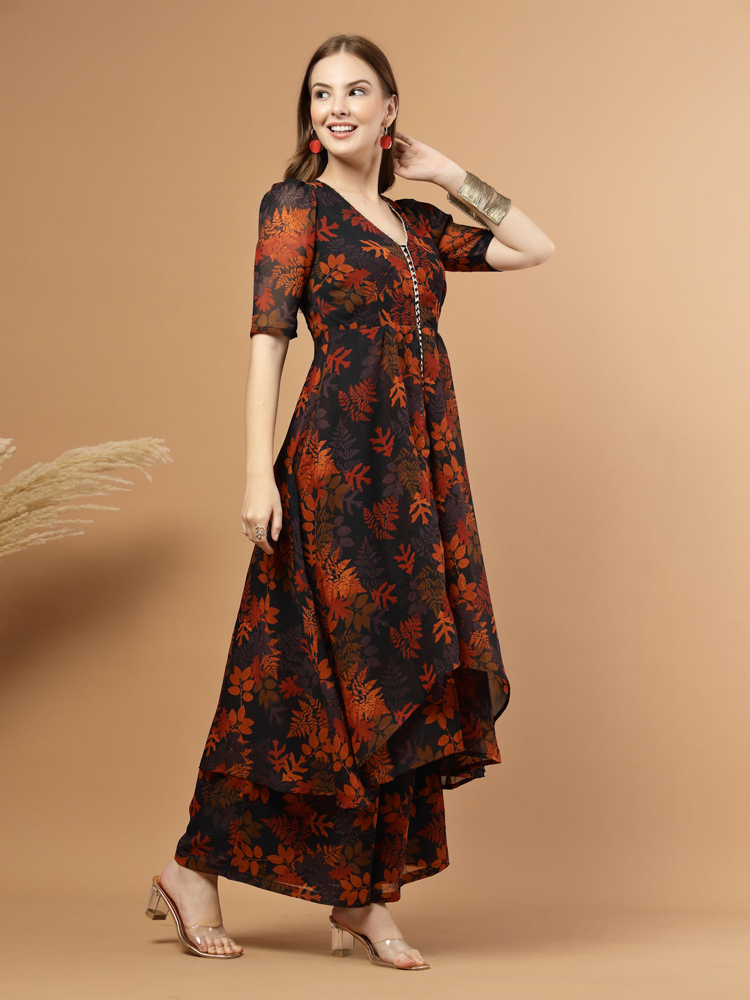 Tropical printed layered kurta set with flared pants for women – festive wear with lace detailing, side zip, lining, and pocket.