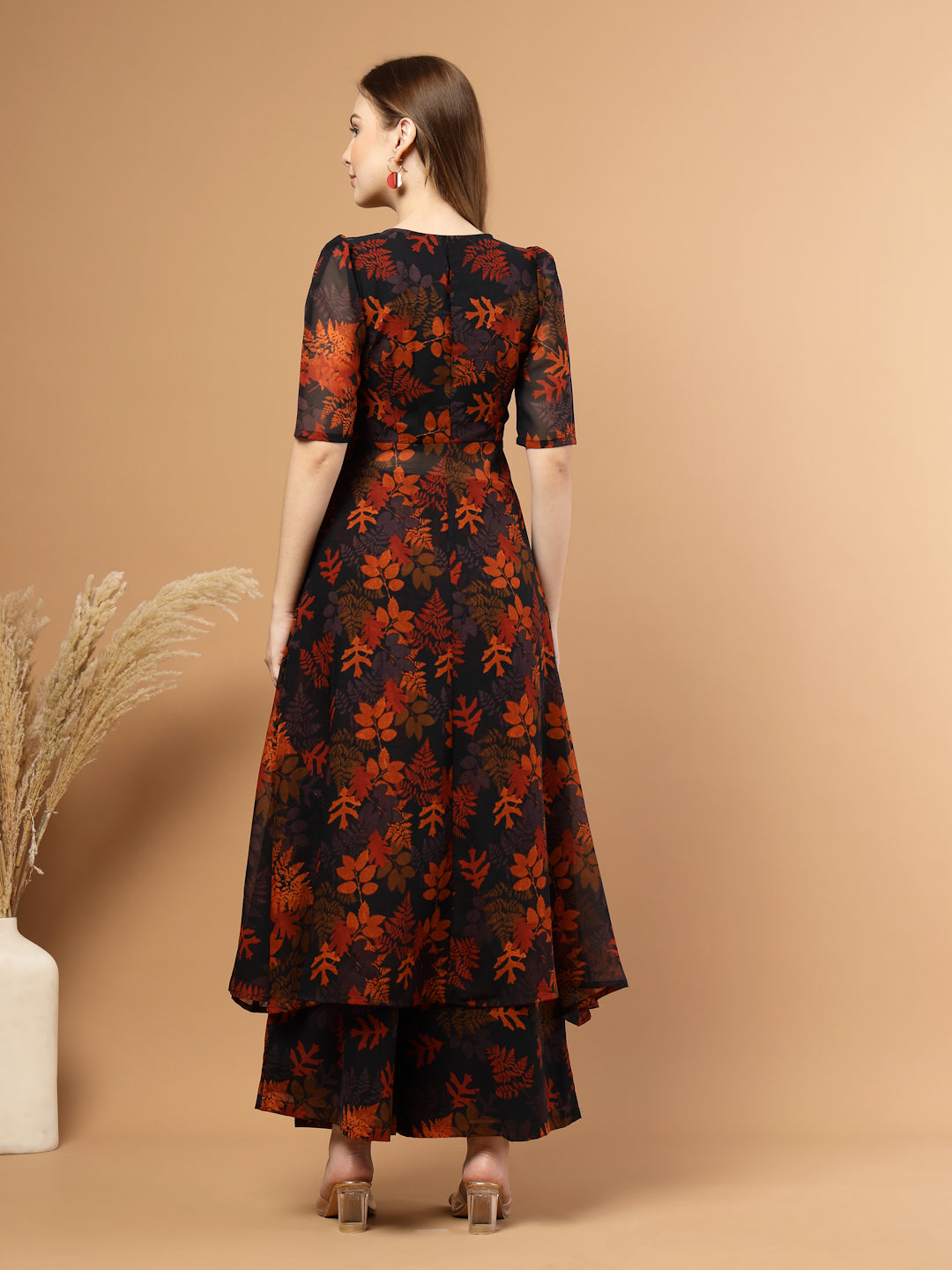 Tropical printed layered kurta set with flared pants for women – festive wear with lace detailing, side zip, lining, and pocket.