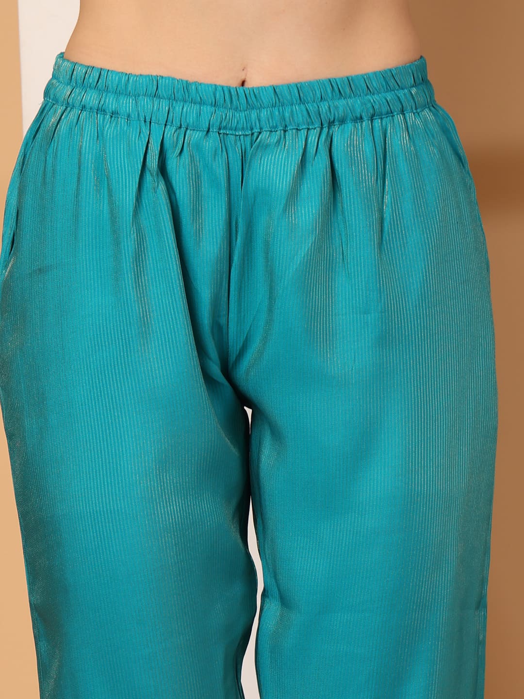 Turquoise Metallic Striped Flared A-Line Kurti Set with Gota Lace & Straight Trousers