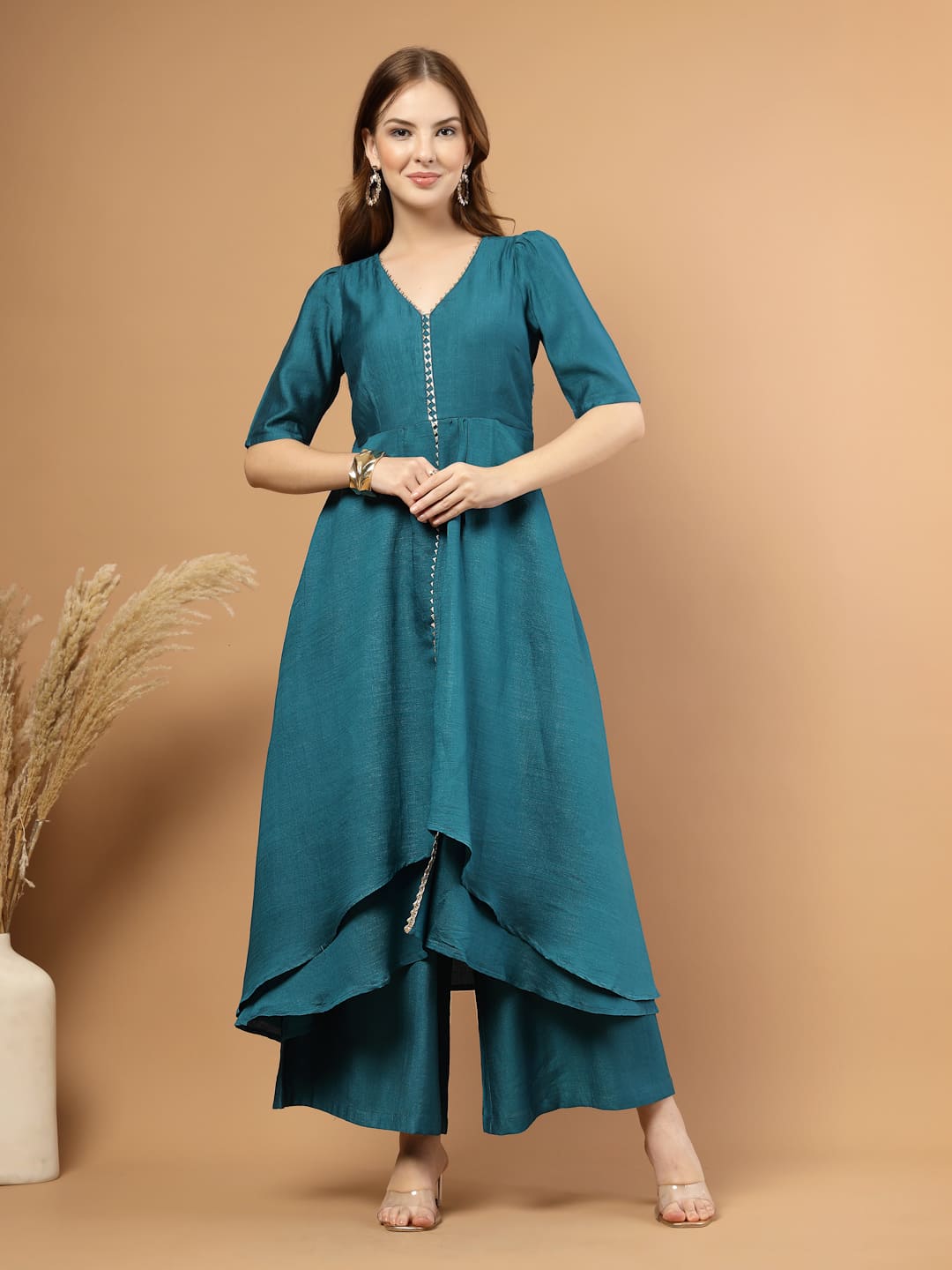 Teal layered kurta set with flared pants for women – festive and party wear- Front View
