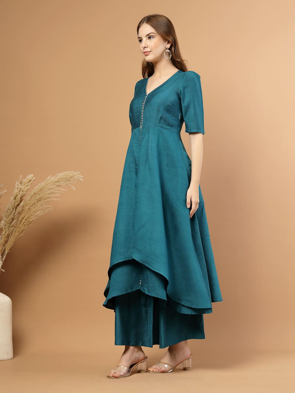 Teal layered kurta set with flared pants for women – festive and party wear- side view