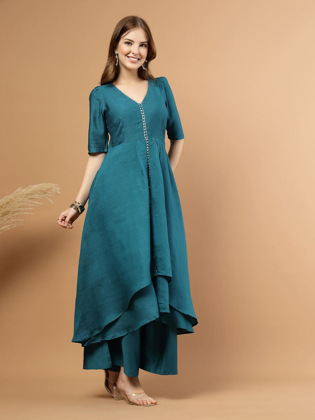 Teal layered kurta set with flared pants for women – festive and party wear-left side view